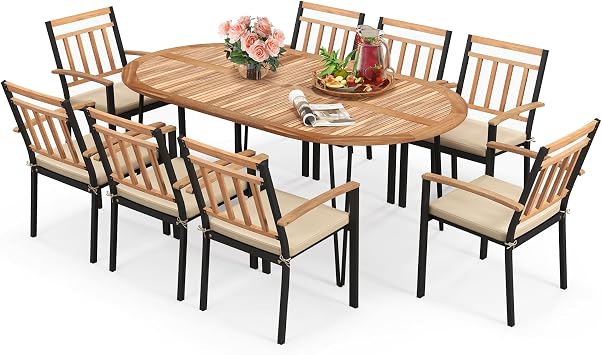 Tangkula 9 Pieces Outdoor Dining Set, Patio Furniture Set with Acacia Wood Top & Umbrella Hole, Metal Frame, Armchairs with Removable Cushions, Wood Dining Table & Chair Set for Yard, Garden, Deck