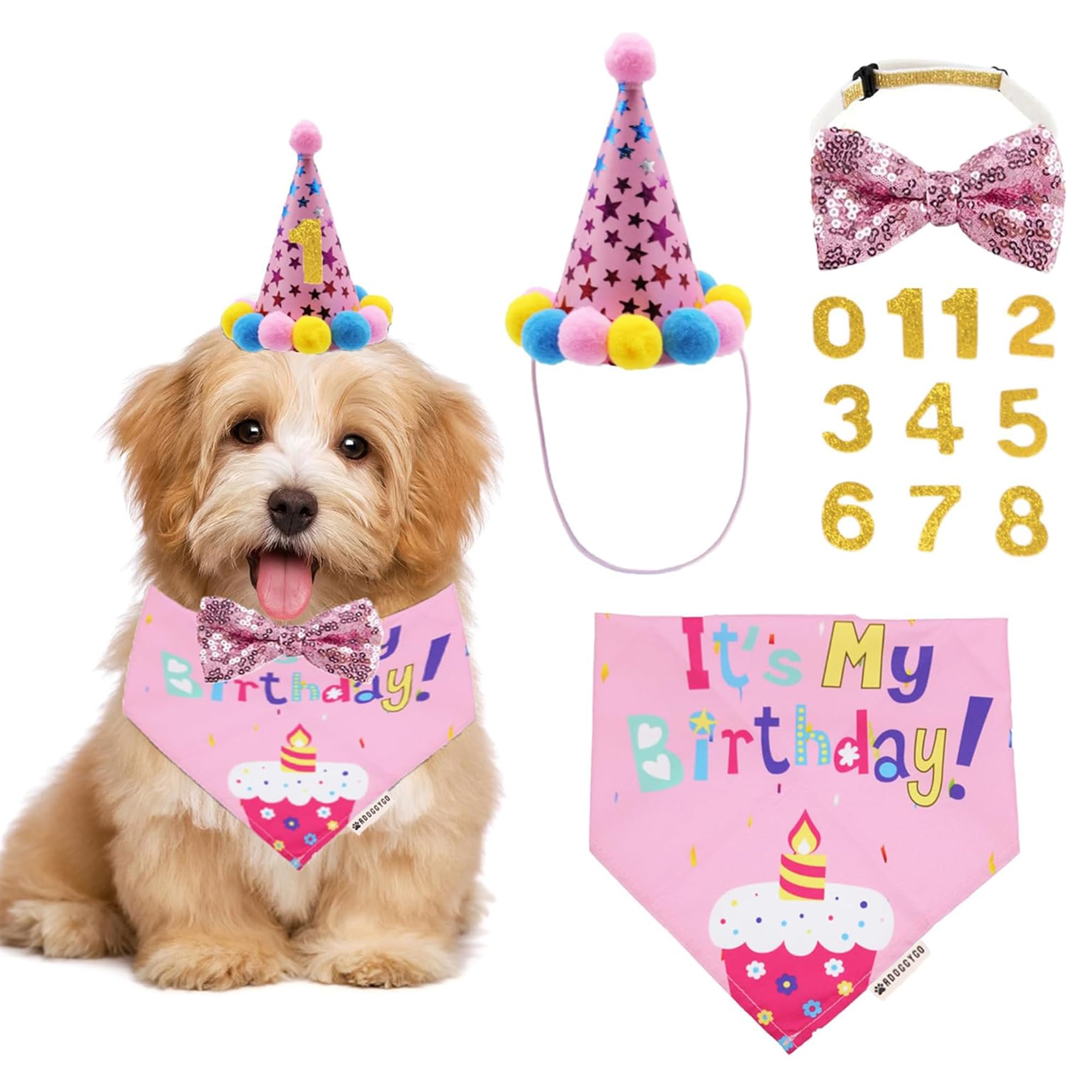 ADOGGYGO Dog Birthday Bandana Scarf and Puppy Girl Birthday Party Hat with Cute Bow Tie for Small Dog Cat (Small)
