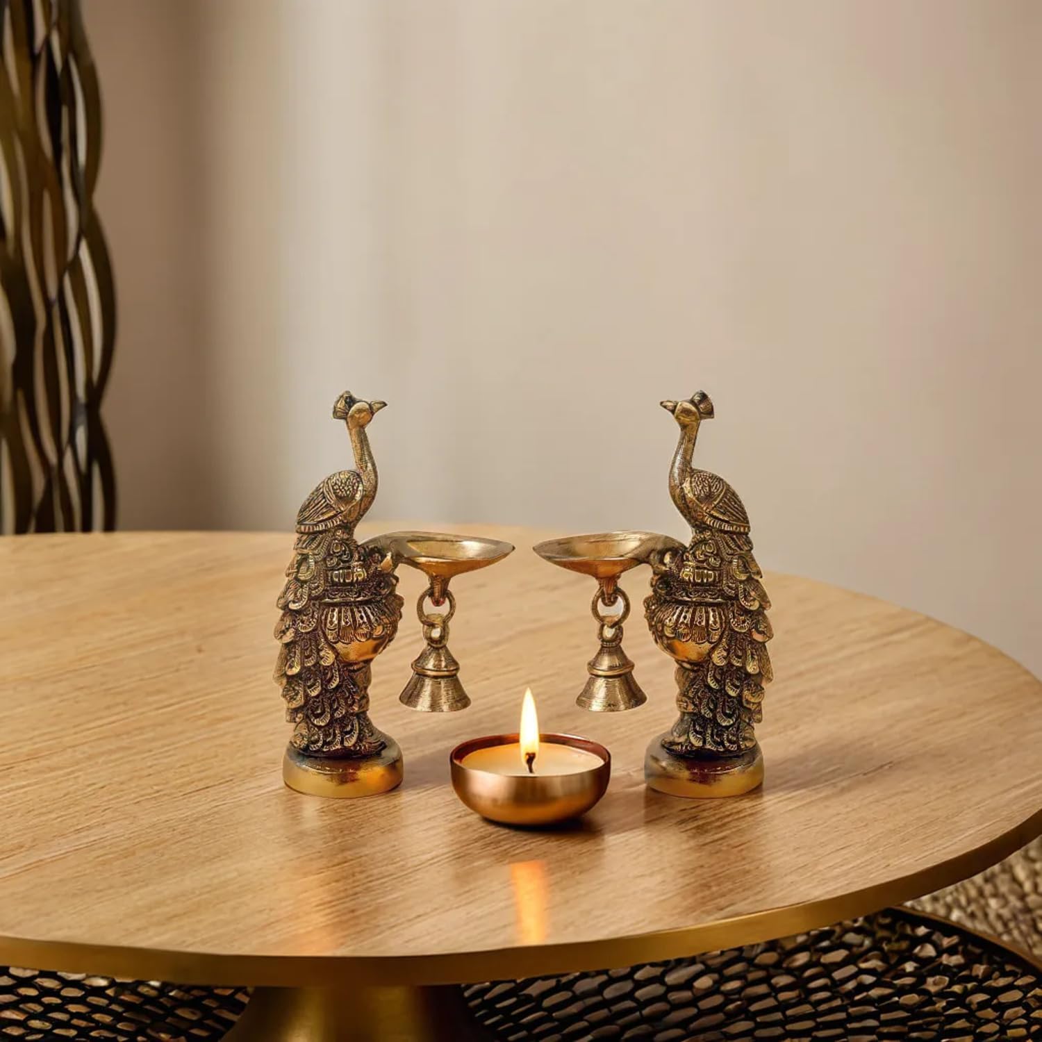 Kartique Brass Peacock Decorative Diya with Traditional Bell Antique Deepak Design Table Decor with Stand for Home Diwali Gift Temple Pooja Gold Color Height 6.5 Inch Set of Two
