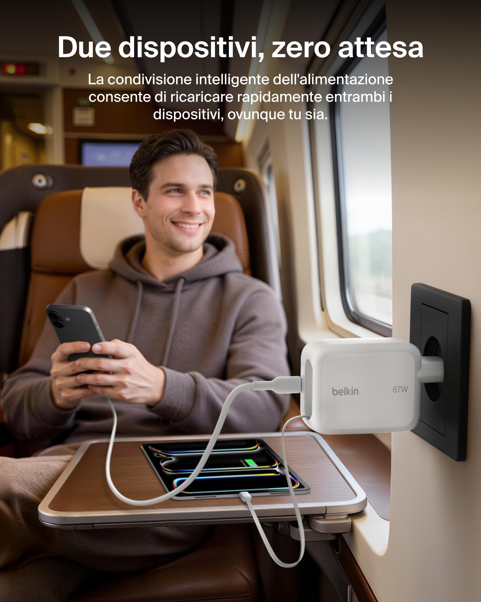 Belkin Caricabatterie USBC GaN 67W con Cavo USB-C Retrattile 1m e Porta USB C, Caricatore per iPhone, Ricarica Rapida per iPhone 17, 16 Series, Galaxy S26 Series, AirPods, Tablet, MacBook e Chromebook