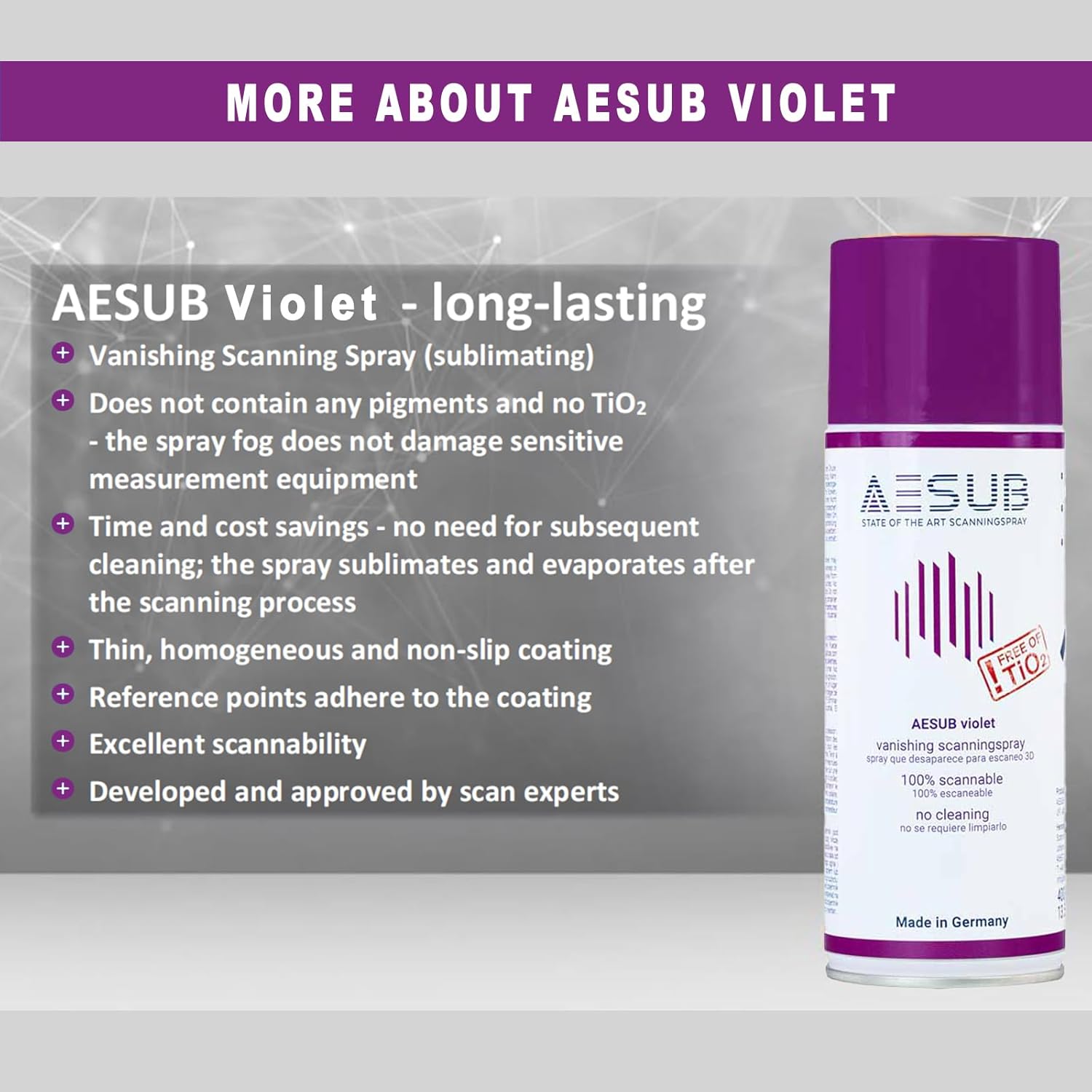 3D Scanning Spray for 3D Scanner - No Cleaning Needed, Ideal for Transparent Reflective Textured Surfaces, Longer-Lasting than Blue Spray, Improves Scan Accuracy Efficiency, 400ml(13.53 fl oz), Violet