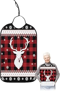 BOBOWUNY Christmas Elk Adult Bibs for Elder Women Men Eating, Winter Snowflake Red Black Buffalo Plaid Waterproof & Washable Bibs for Eating Clothing Protector Dining Bibs for Crumb Catcher