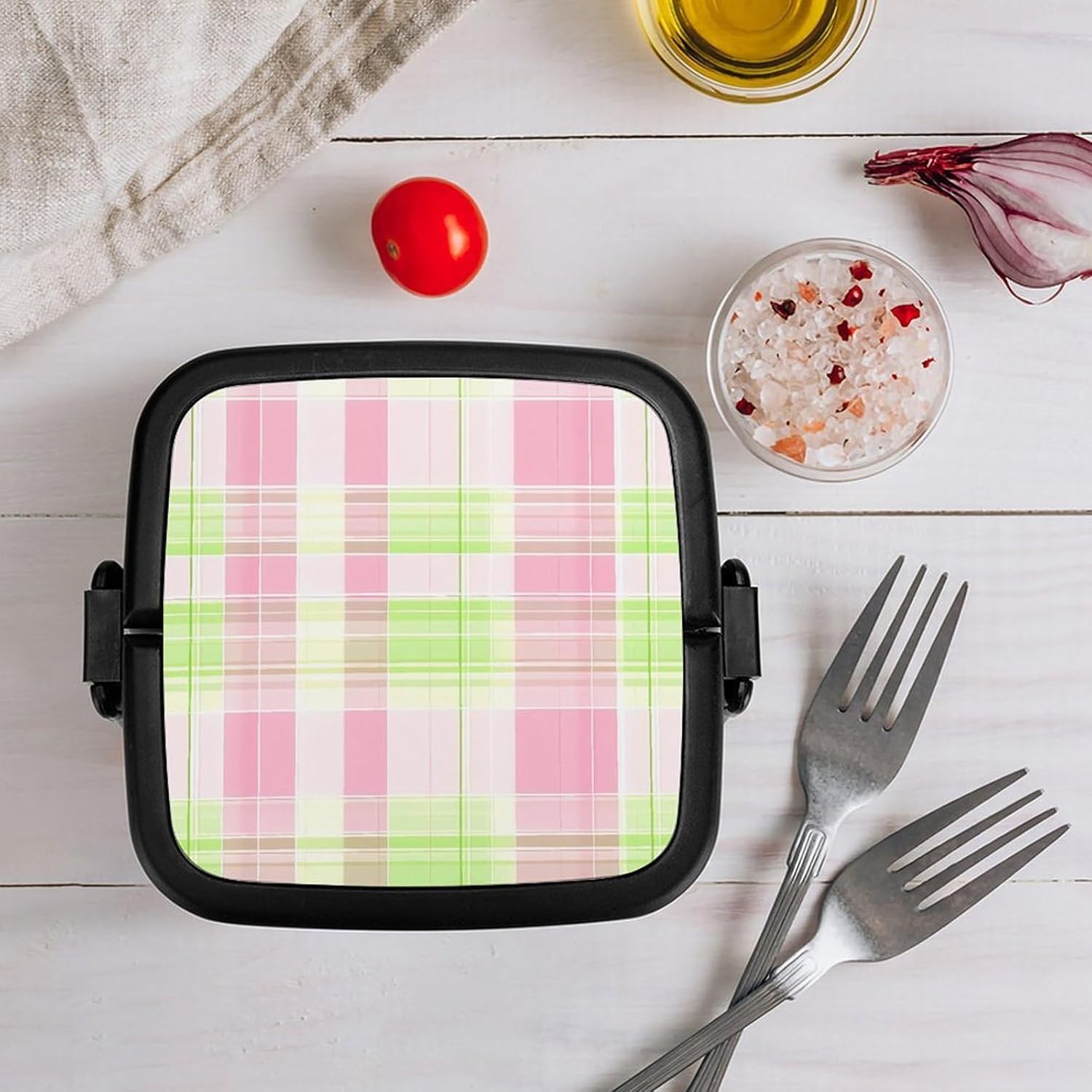 Green Pink Plaid Bento Box with Spoon 2 Layer Food Container Cute Lunch Box for Travel Dining Work