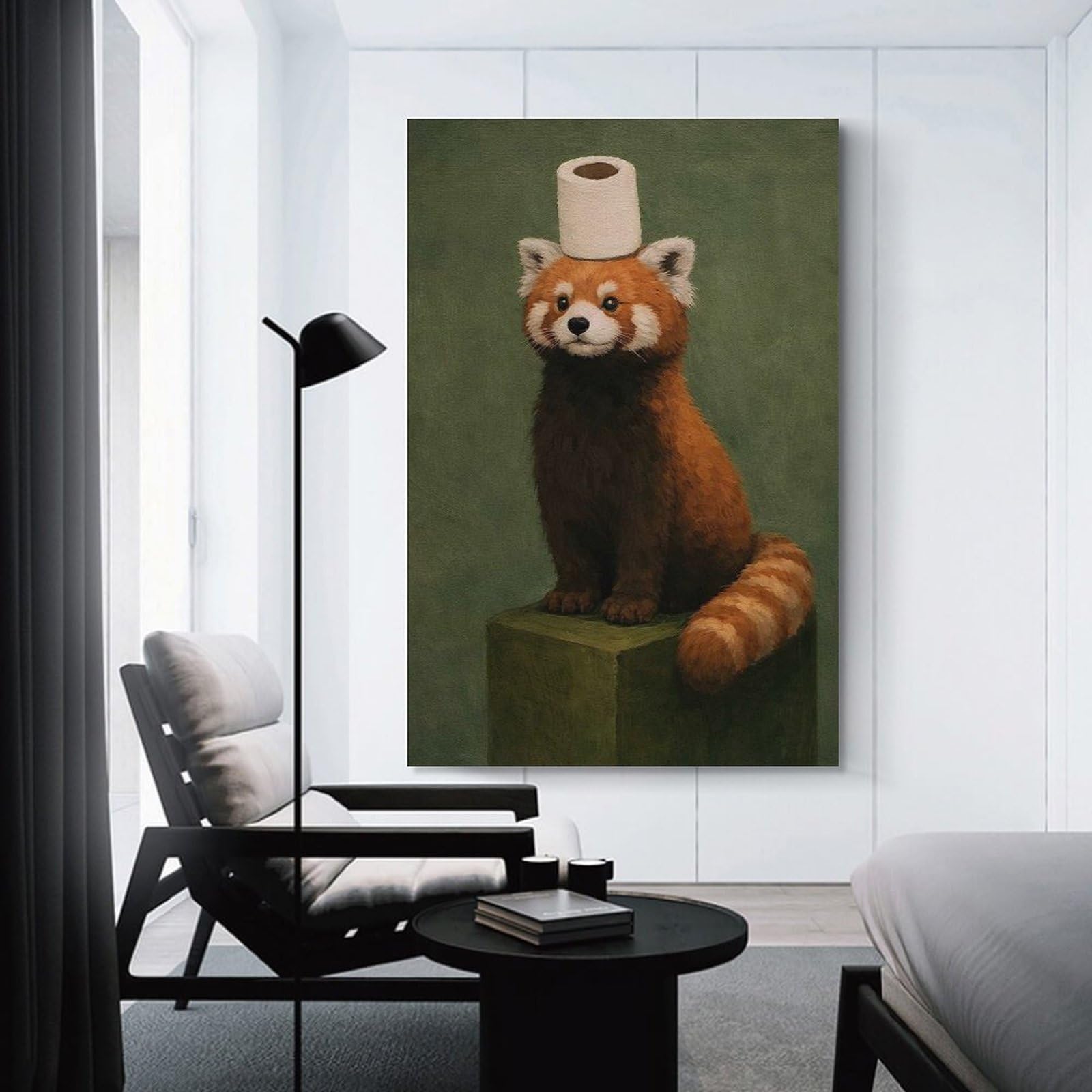 Junmoney Canvas Wall Decor Red Panda Wearing Toilet Paper Hat, 24x36inch(60x90cm), for Living Room, Bedroom, Office Or Hallway, Decorative Artwork with Broad Appeal