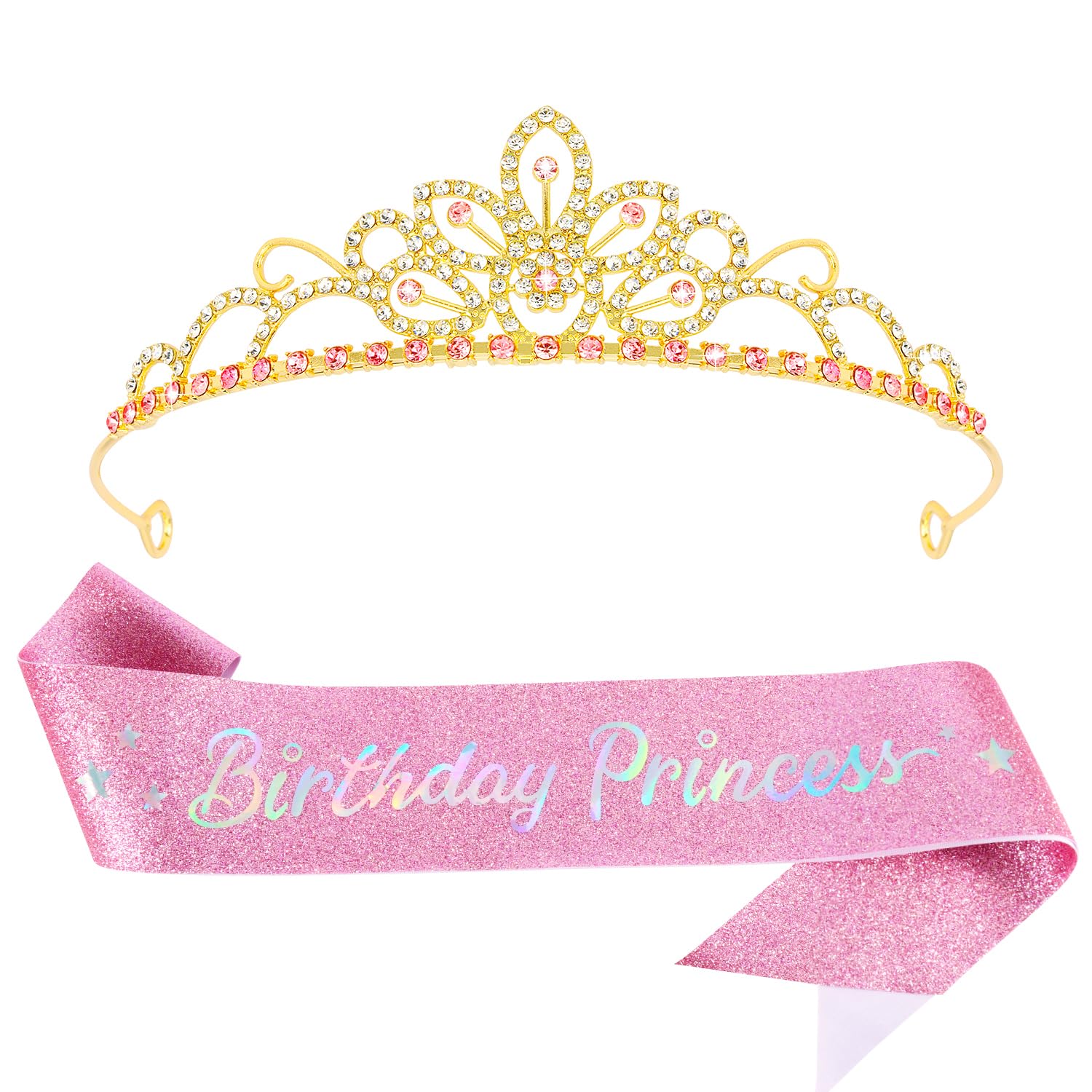 SuPoo Birthday Princess Crown and Sash Birthday Girl Tiara Headband Flower Crown for Girls Birthday Decorations Outfit