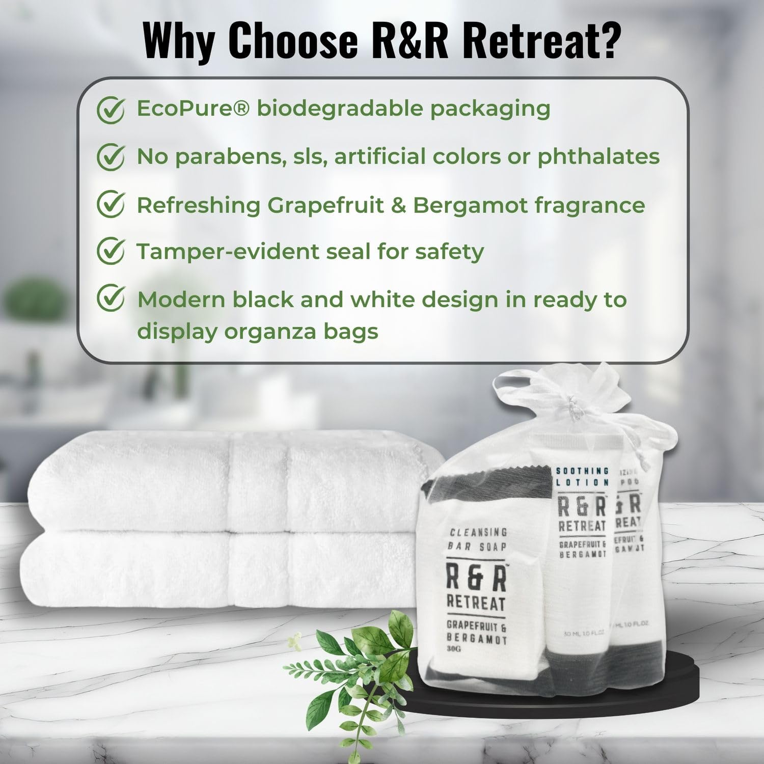 R&R Retreat Hotel Toiletry Sets - 30 Pre-Assembled 3-Piece Guest Amenities in Organza Bags - 2-in-1 Conditioning Shampoo, Body Lotion & Sachet-Wrapped Soap - Grapefruit & Bergamot Scent