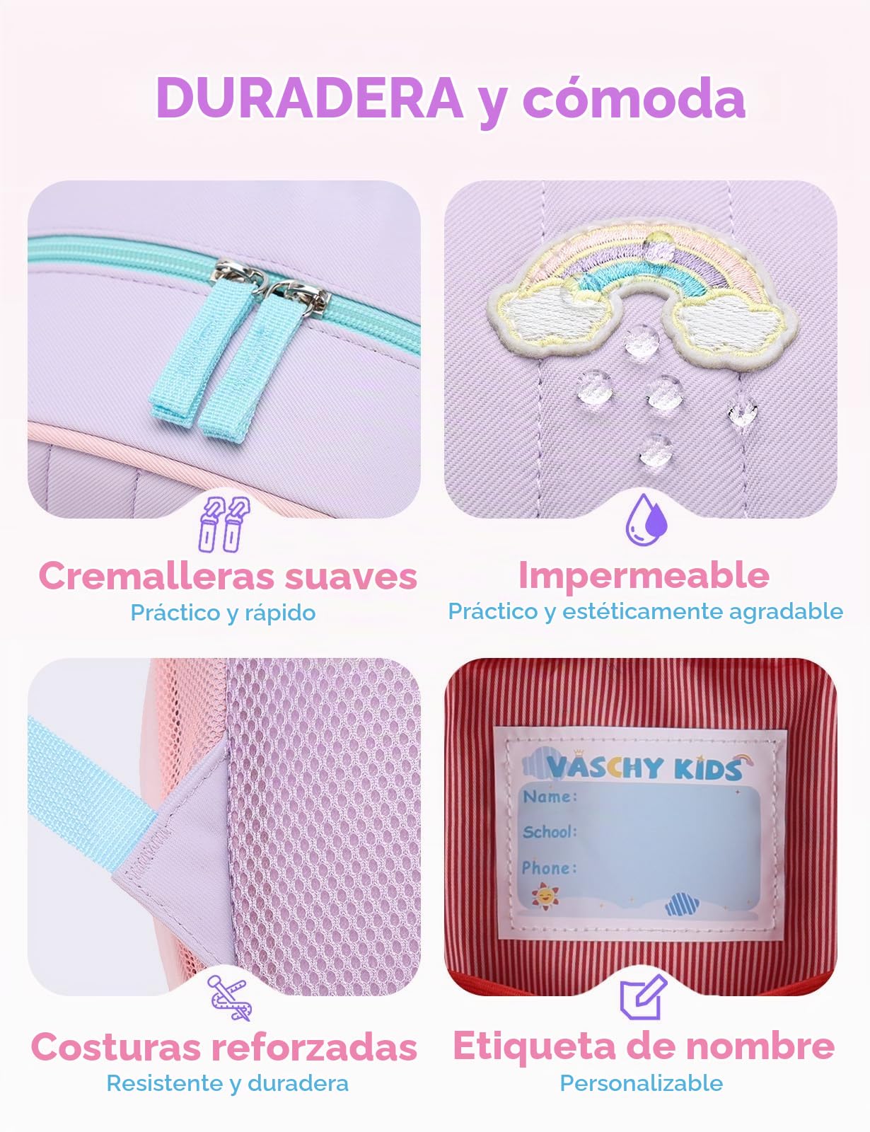 VASCHY Mochila niña 1-3 años 11 L Para Preescolar,Violeta&Rosa | Mochila escolar infantil,Cierre en el Pecho, Multibolsillos, Divisor Interior,Admite Documentos A4, Etiqueta Nombre Interior