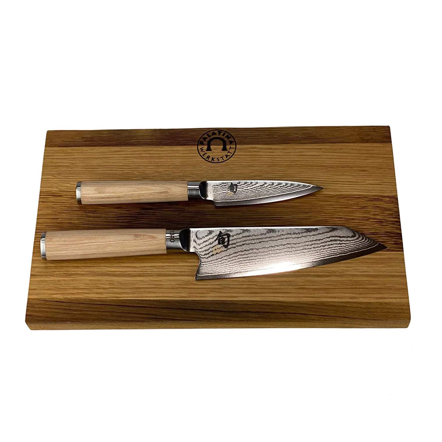 Palatina Werkstatt ® Kai Shun Classic White Bundle DM-0700W - Cuchillo japonés de oficina + DM-0777W | cuchillo de cocina Kiritsuke limitado | + tabla de madera de barril de 30 x 18 cm