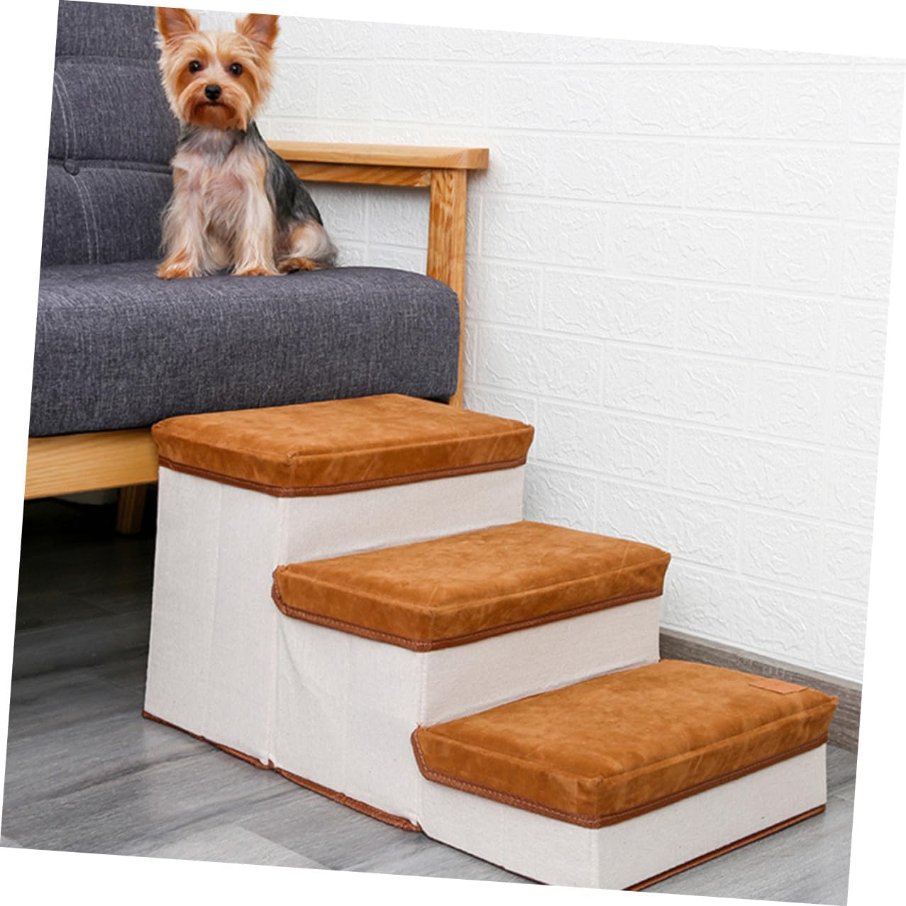 HEMOTON Foldable Three-Step Pet Stair Ramp for Dogs and Cats Non-Slip Indoor Puppy Ladder with Brown Frame Space-Saving Pet Climbing Plaything for Small to Medium