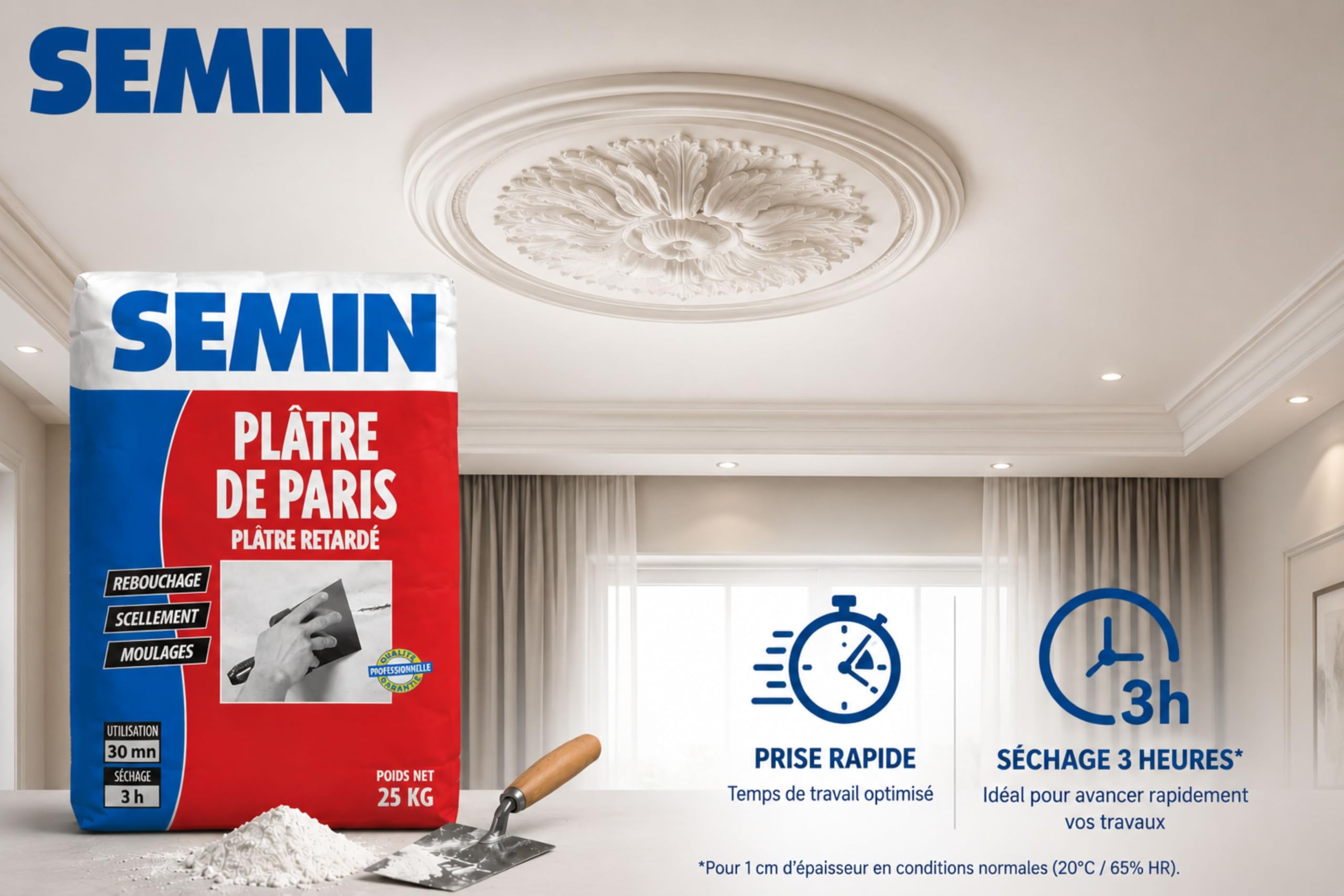 SEMIN Plâtre de Paris 25 kg - Plâtre Naturel Extra Fin - Moulages, Scellements, Rebouchage et Réparations Intérieures - Séchage Rapide 3h - Finition Blanche - Fabriqué en France - Lot de 2