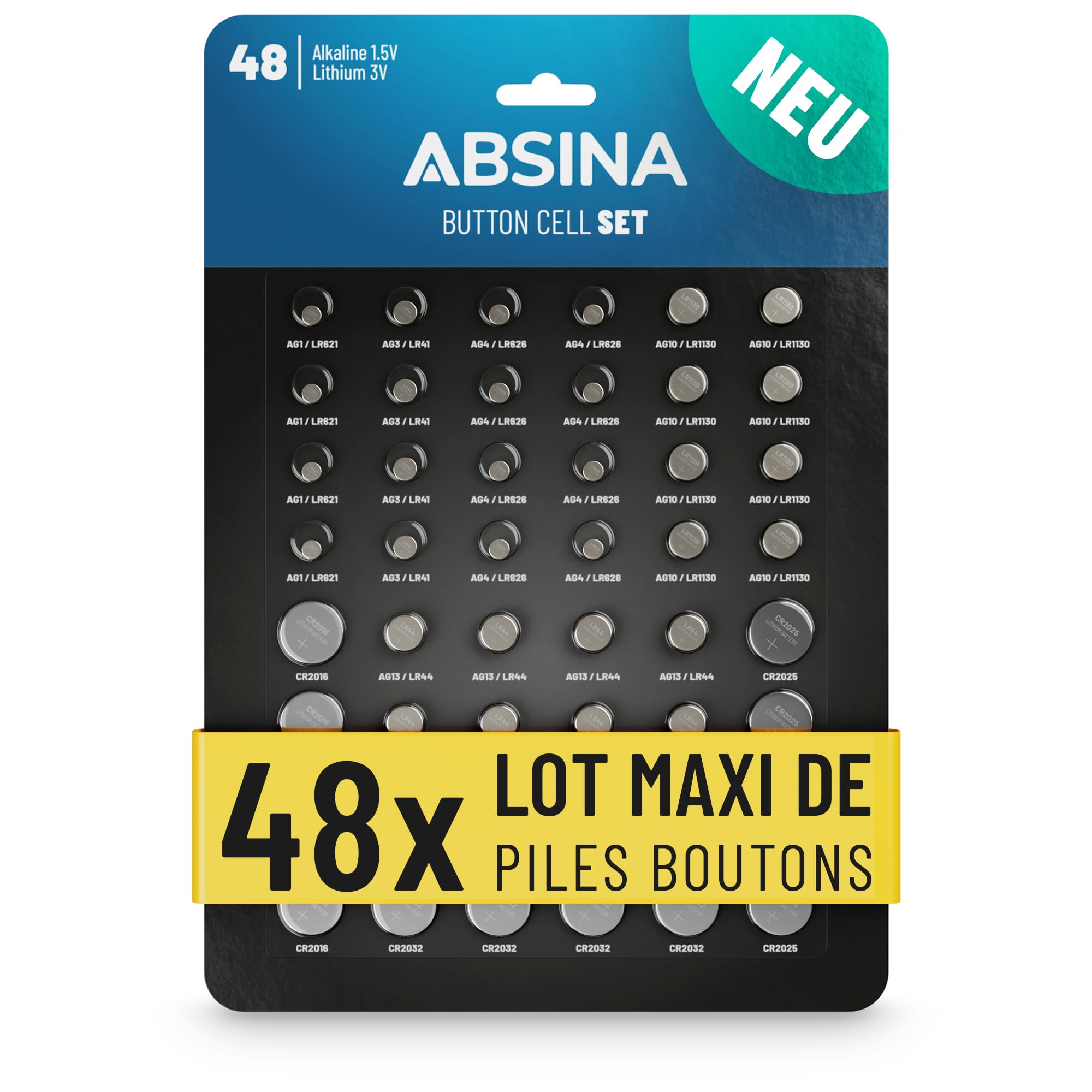 ABSINA Pack de 48 Assortiment Pile Bouton Alcalines & Lithium - 4X AG1 LR621, AG3 LR41, CR2016, CR2025 / 8X AG4 LR66, AG10 LR1130, AG13 LR44, CR2032-1,5V & 3V Pile Bouton étanches