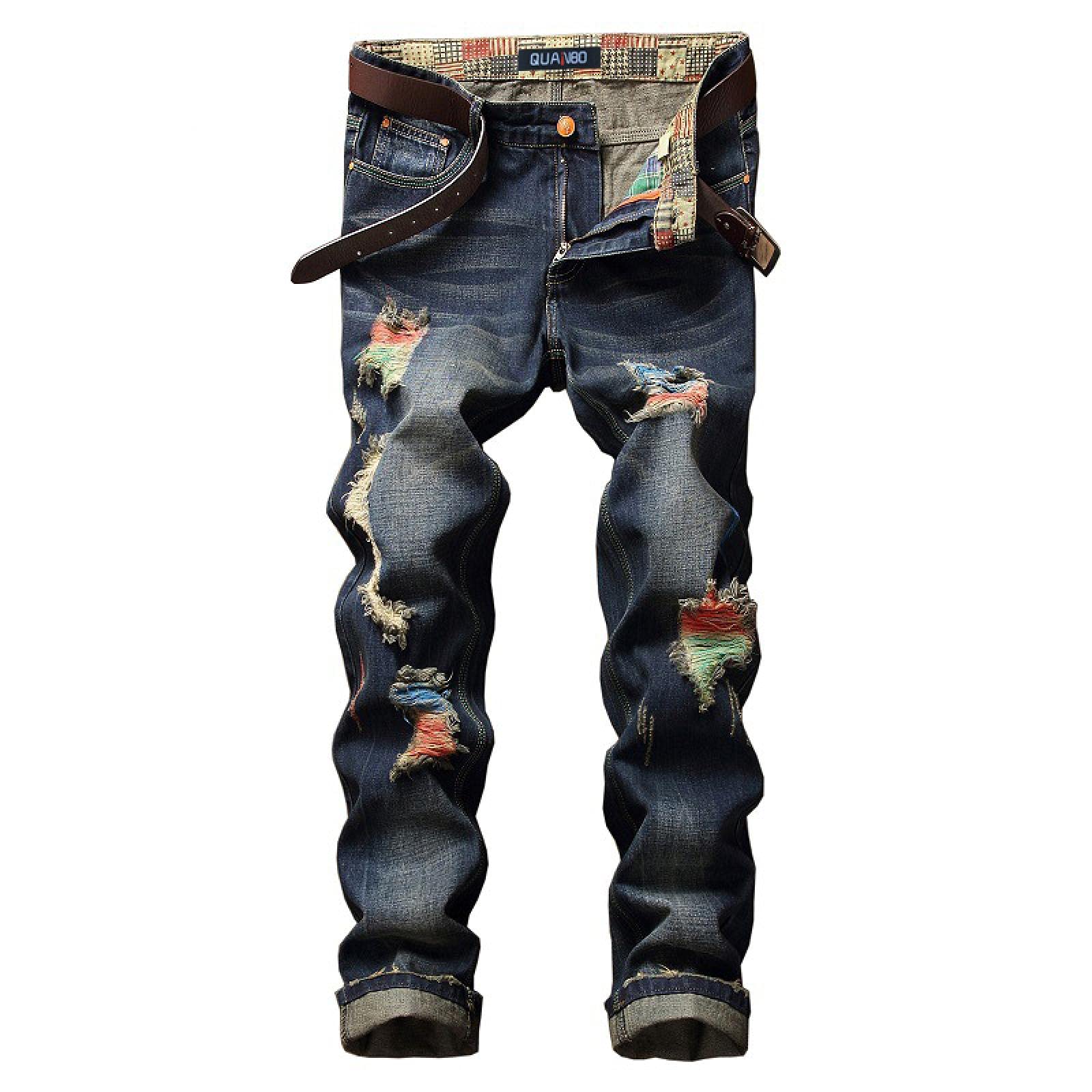 WQZYY&ASDCD Jeans Pantalon Jeans Distressed Denim Hose Jugend Zerrissene Hip Hop Männer Straße Zerrissene Gerade Lange Jeans