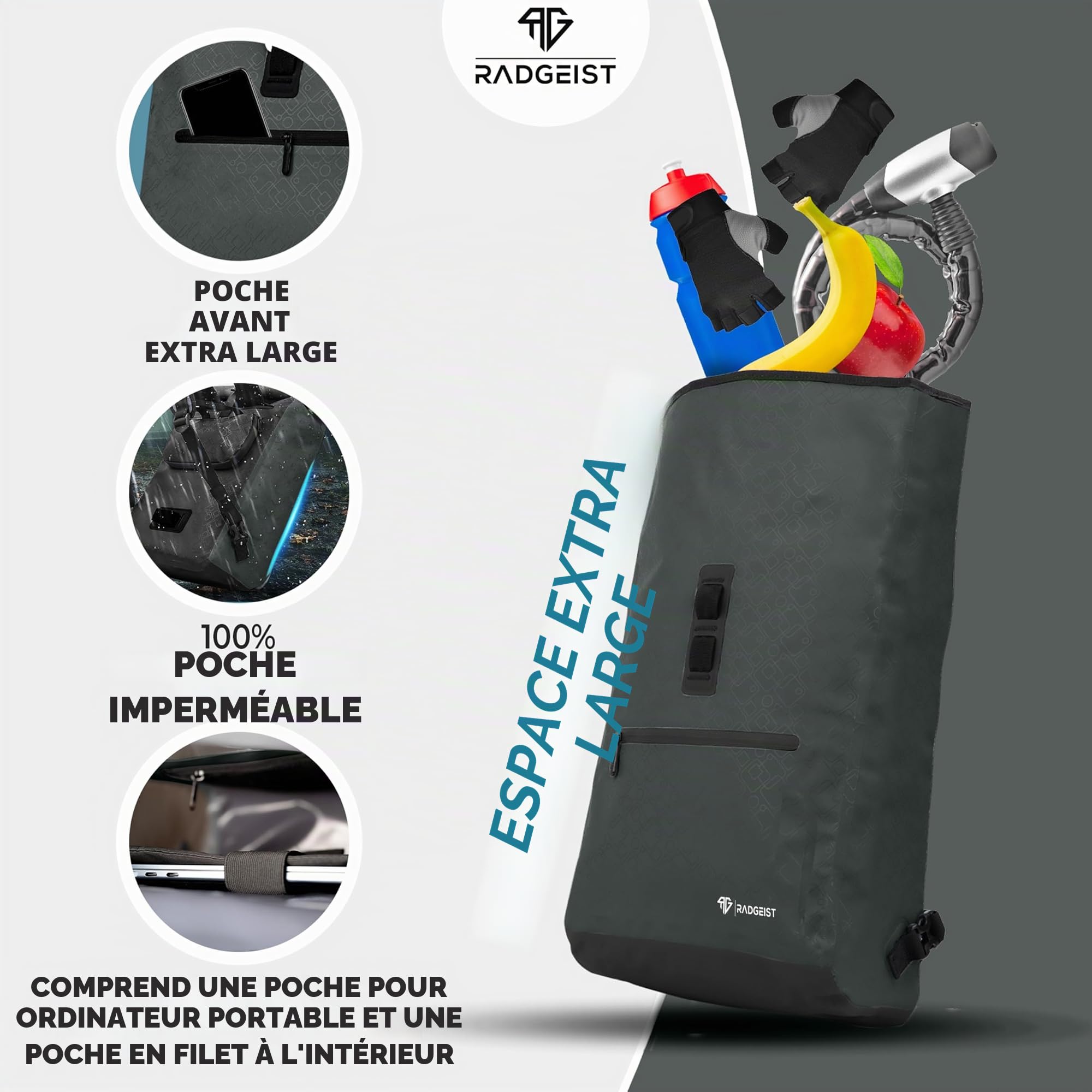 RADGEIST Sacoche de vélo pour porte-bagages - Sac à dos et sac à dos - Pour homme et femme - Sac à bandoulière et sac à bagages pour vélo - 20 l - Anthracite