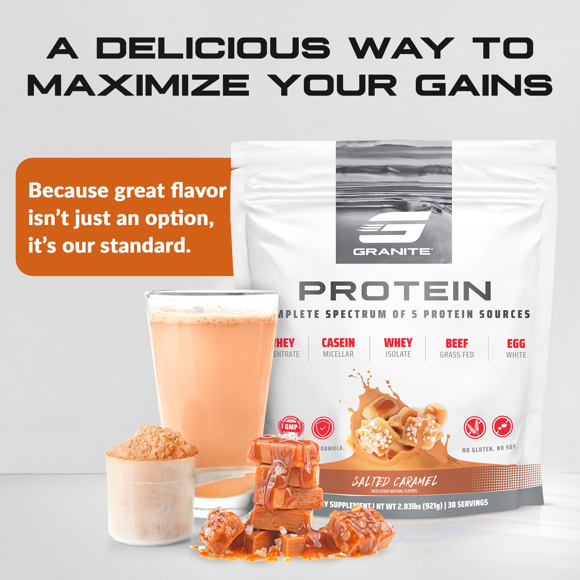 Granite Nutrition Proteína en polvo – Mezcla premium de 5 fuentes (suero de leche, caseína, huevo, carne de res alimentada con pasto) para músculos magros y recuperación, sabor a caramelo salado, 30