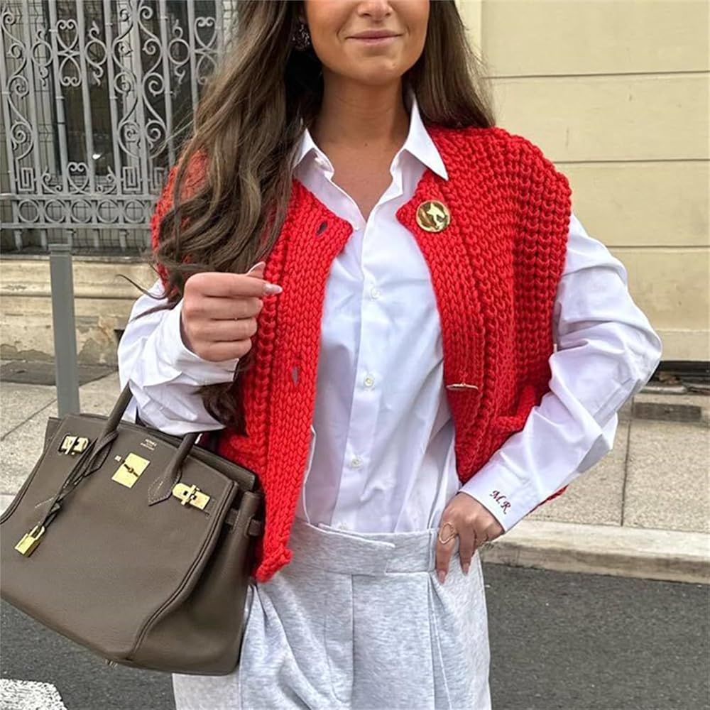 HOULENGS Women's Cropped Sweater Vest Cute Crewneck Button