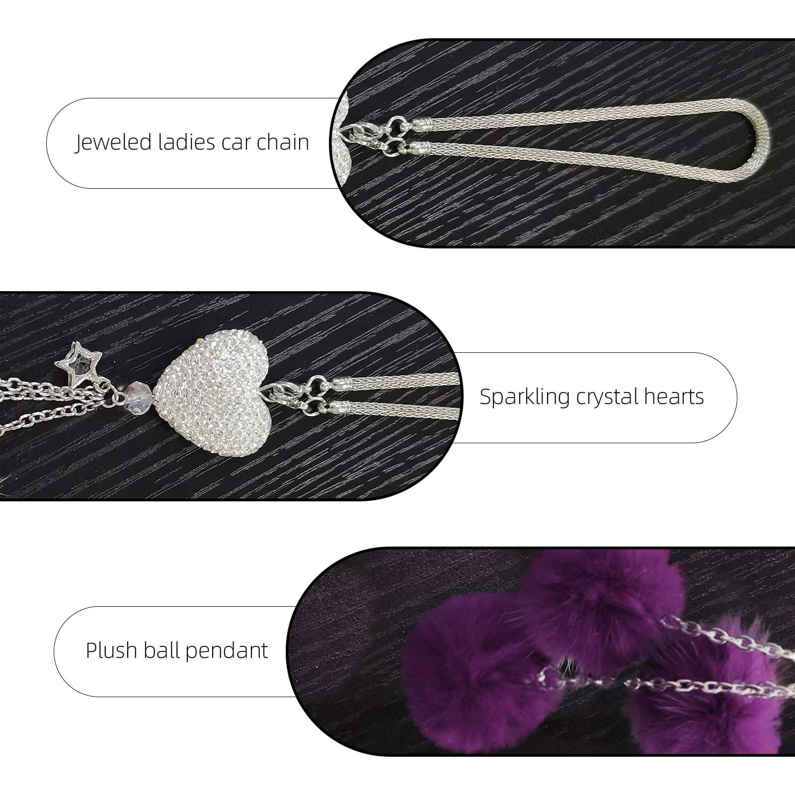 GLSOWEE Bling Car Rear View Mirror Charm - Sparkly Heart & Plush Ball Pendant For Women (Purple) - View #13