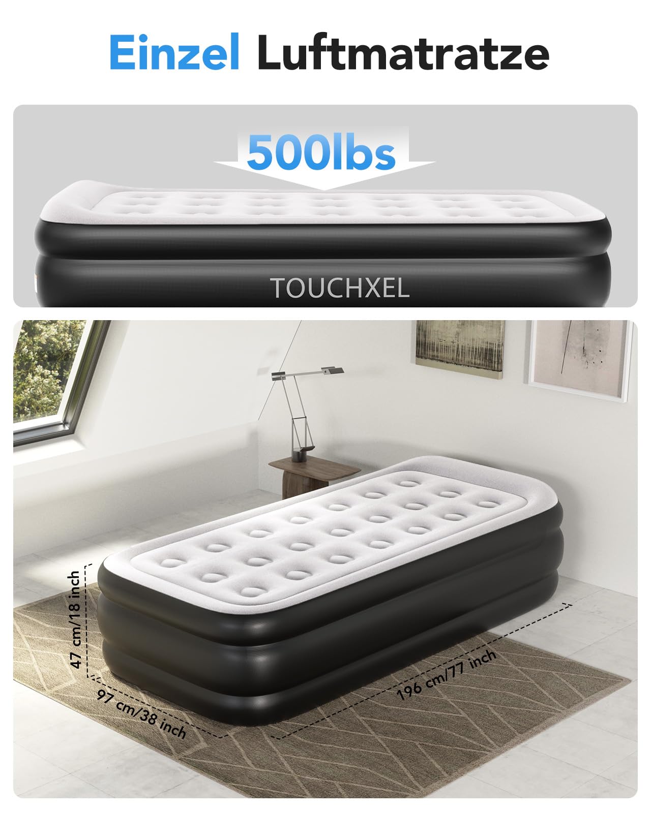 Luftmatratze 1 Person, Aufblasbare Luftmatratze Einzelbett mit elektrischer Pumpe (Schwarz, Twin-Matratze)