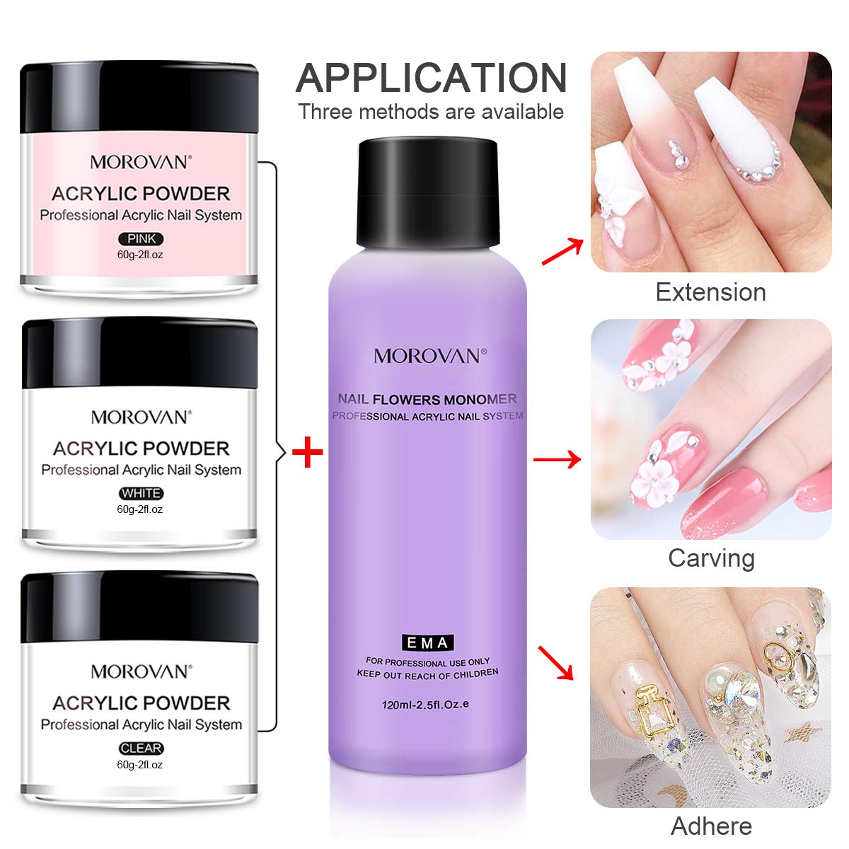 Morovan Acrylic Powder and Liquid Set, Professional Acrylic Nail Kit with 4oz Liquid Monomer, 3 Colors White Pink Clear Acrylic Nail Powder for Beginners