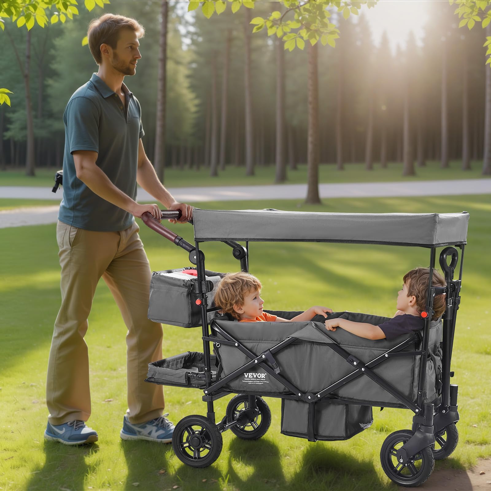VEVOR Passeggino Wagon per 2 Bambini, Passeggino Pieghevole con Maniglia Regolabile, Tettuccio Rimovibile, Lmbracatura Circolare, 4 Ruote Freni Passeggino Portatile Multifunzione Campeggio, Grigio