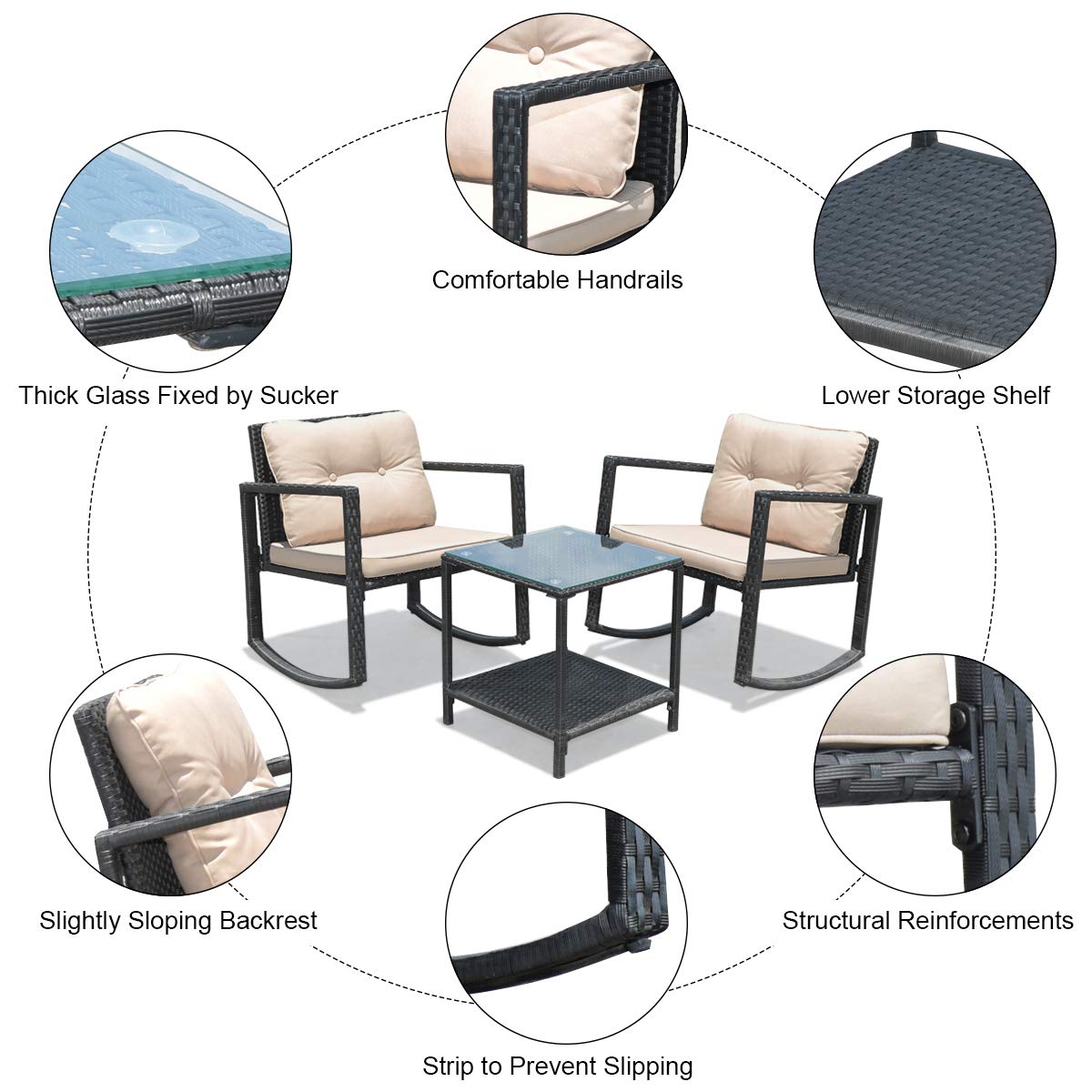 Juego de 3 mecedoras de mimbre para patio, mecedoras al aire libre y mesa con cojines, mesa de centro de cristal con estante de almacenamiento, adecuada para patio, jardín, piscina, balcón 5