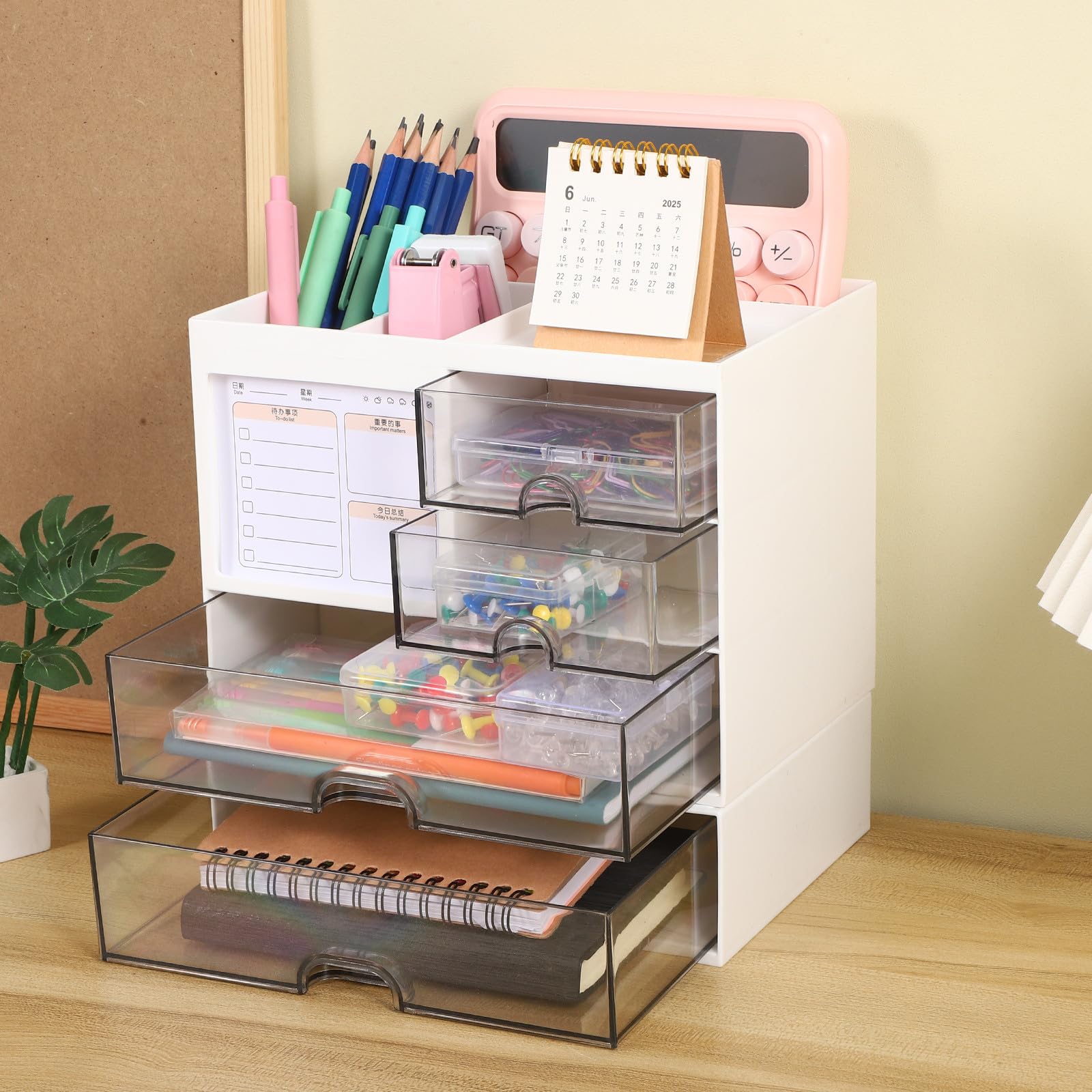 Organizador de Escritorio de Oficina con Cajones Múltiples, Caja de Almacenamiento de Plástico Blanco para Mantener Orden en Workspace y Escuela