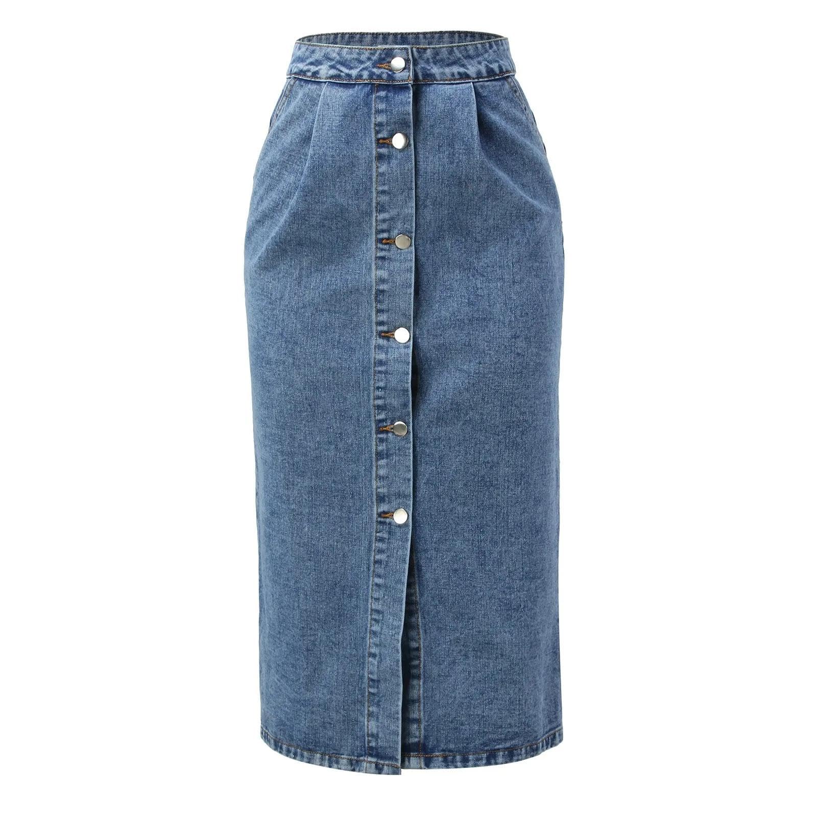 Rock Damen Langer Taille Skirt Linie Falten Frauen Denim Röcke Hohe Taille Knie Länge Röcke Mit