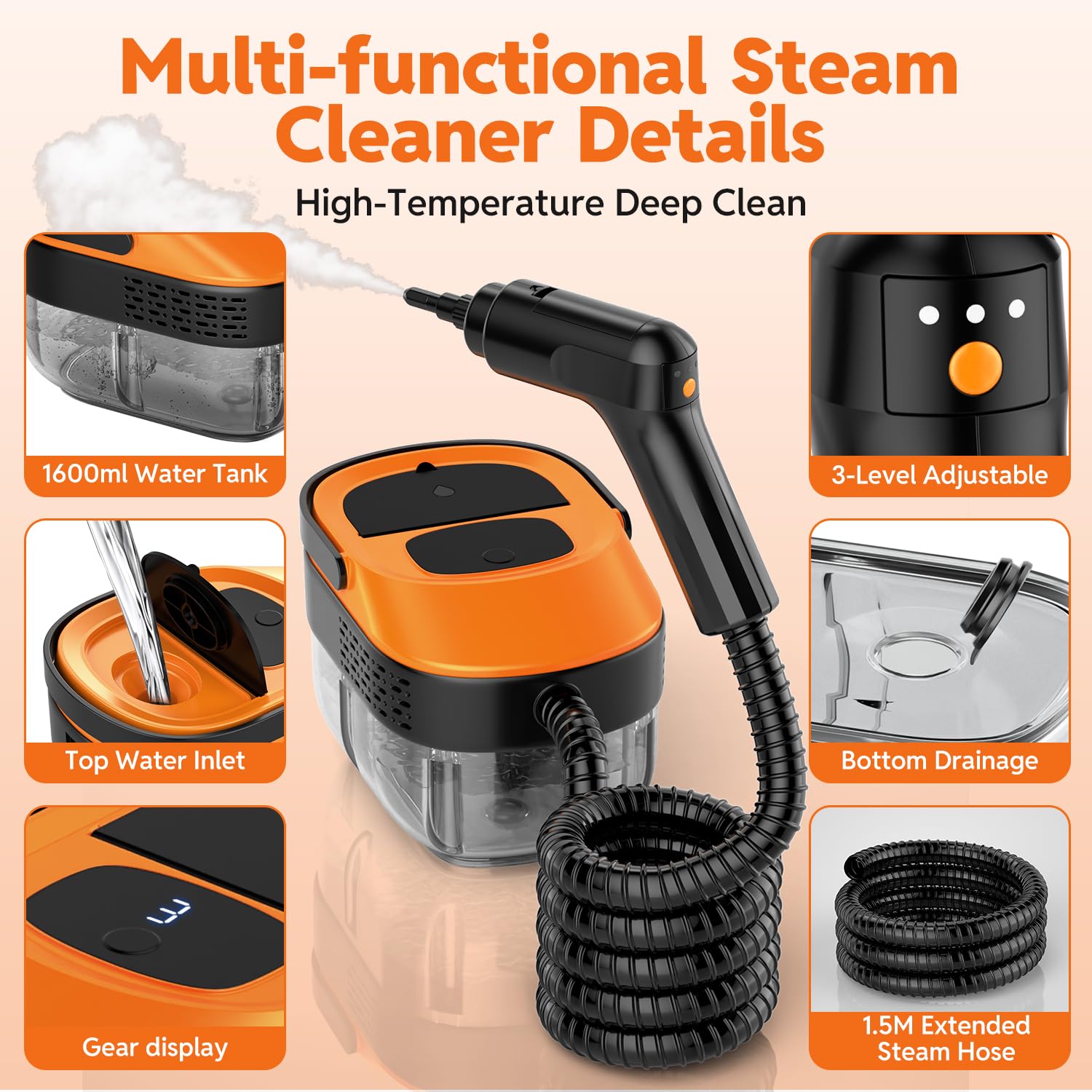 Limpiador de vapor para el hogar y el automóvil, vaporizador de mano de calor rápido de 15 segundos para limpieza, tanque grande de 1.6 L, control de vapor de 3 niveles con kit de accesorios de 17
