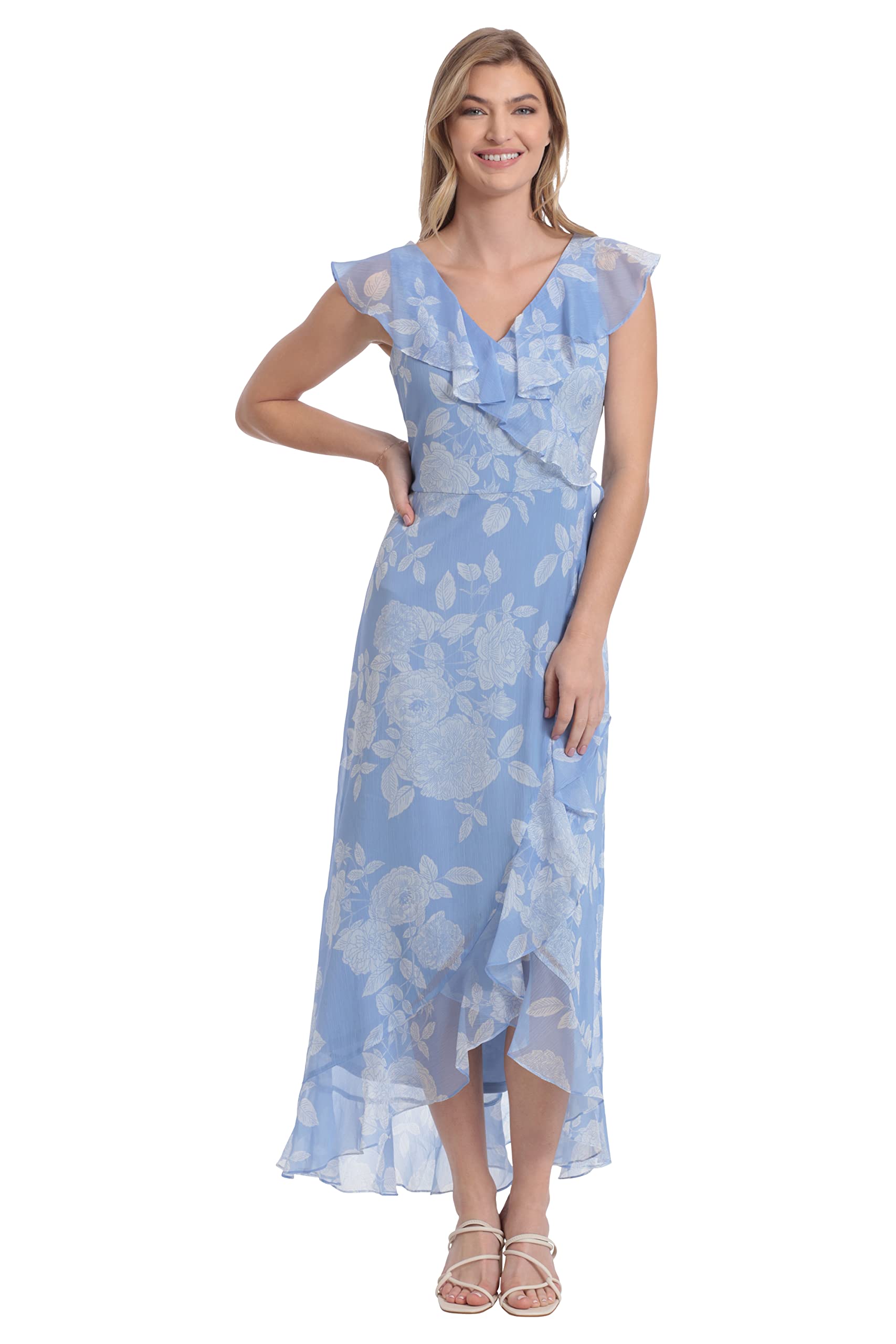 London Times Womens Chiffon Faux Wrap Ruffle Maxi Dress Guest of Wedding