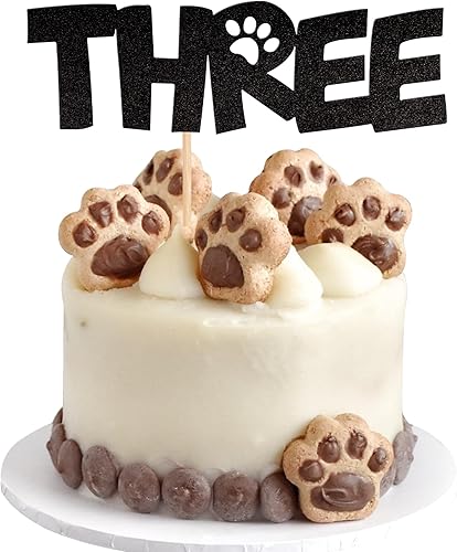 1 pieza de decoración de tres pasteles con purpurina negra con pata de perro de 3 años de edad, decoración para cachorros, perros, Let's Pawty para