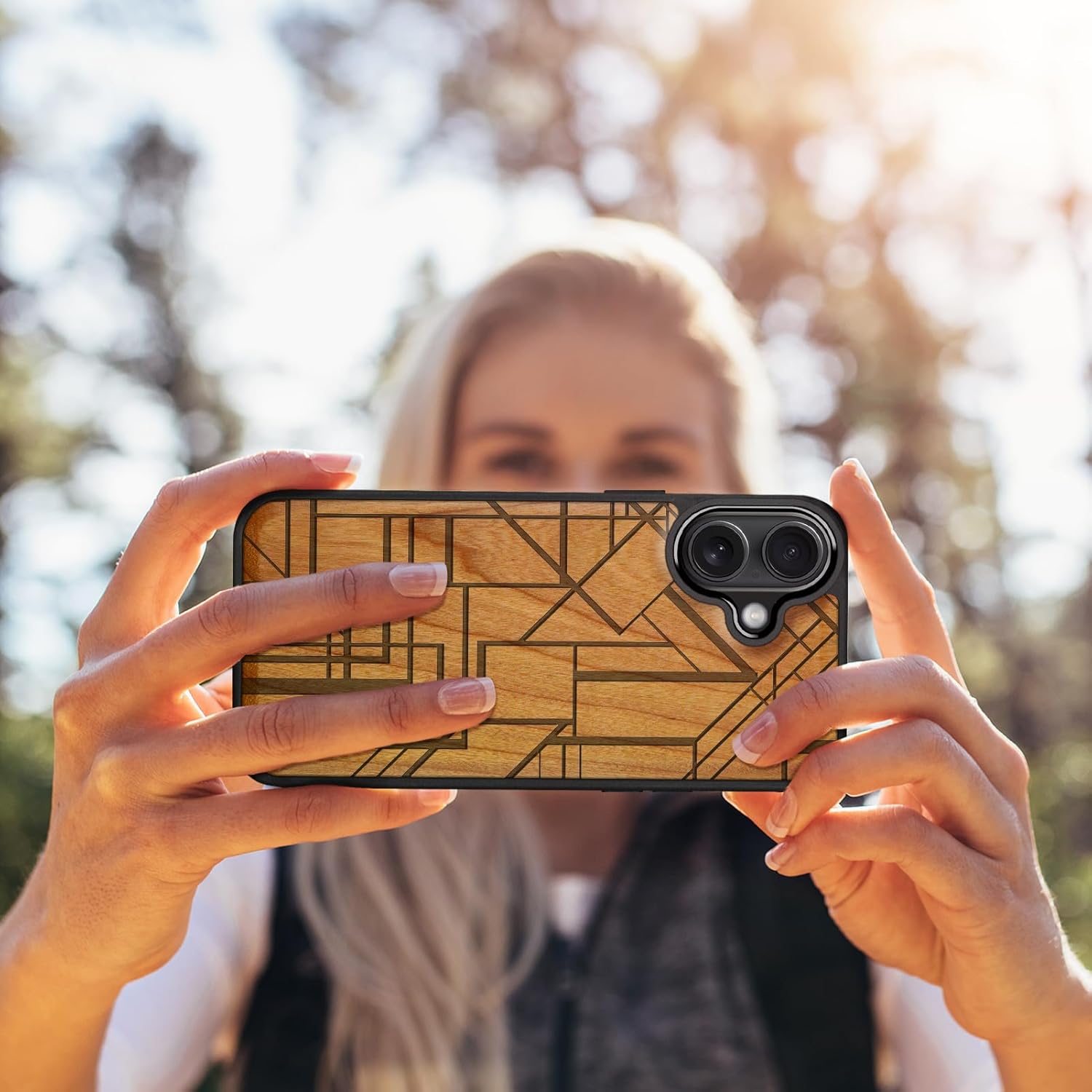 Carveit Magnetic Wooden Case for iPhone 16 Case, Wood Artisan Engraved & Black Soft TPU Shockproof Cover, Compatible with MagSafe Wireless Chargers (Geometric Figure) Cherry