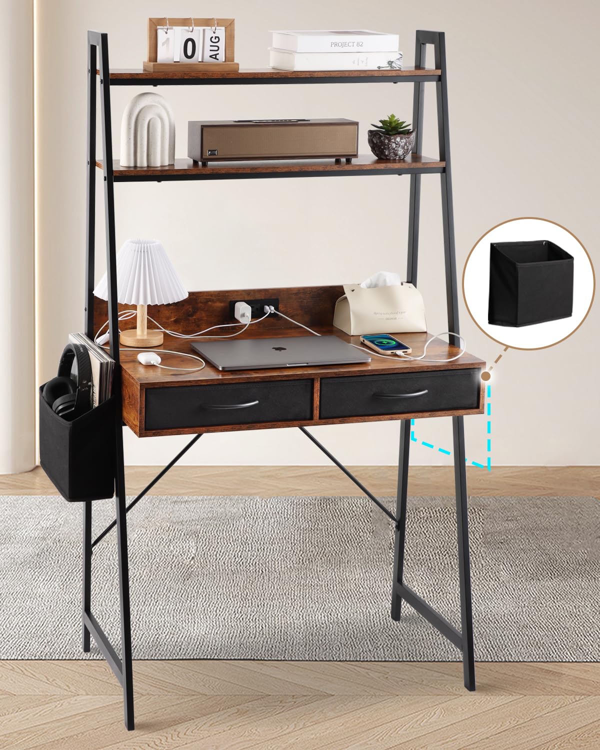 Kathy&Bob Small Home Office Study Desk - Freestanding Ladder Design with Fabric Drawers & Side Bag - Modern Vanity Makeup Desk - 2 Tier Shelf &
