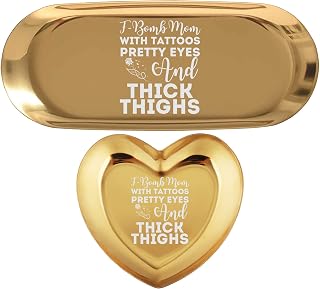 Womens f-Bomb mom with Tattoos Pretty Eyes Thick Thighs | Set of 2 Ring Holder Dish Jewelry Trinket Tray Home Decor