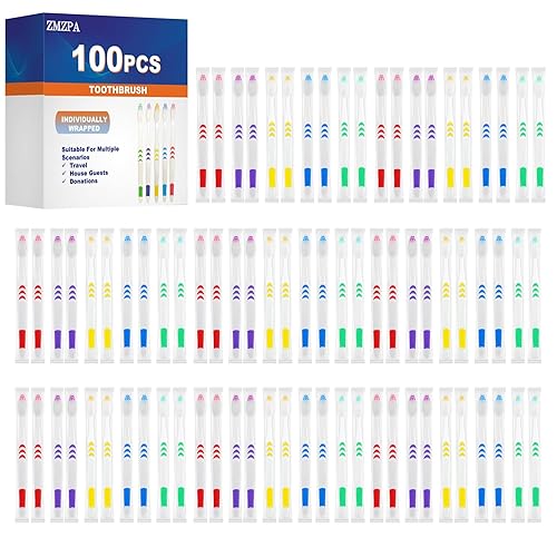 ZMZPA Paquete de 100 cepillos de dientes a granel, envueltos individualmente, varios colores para elegir, mango ergonómico, juego oral, para viajes,
