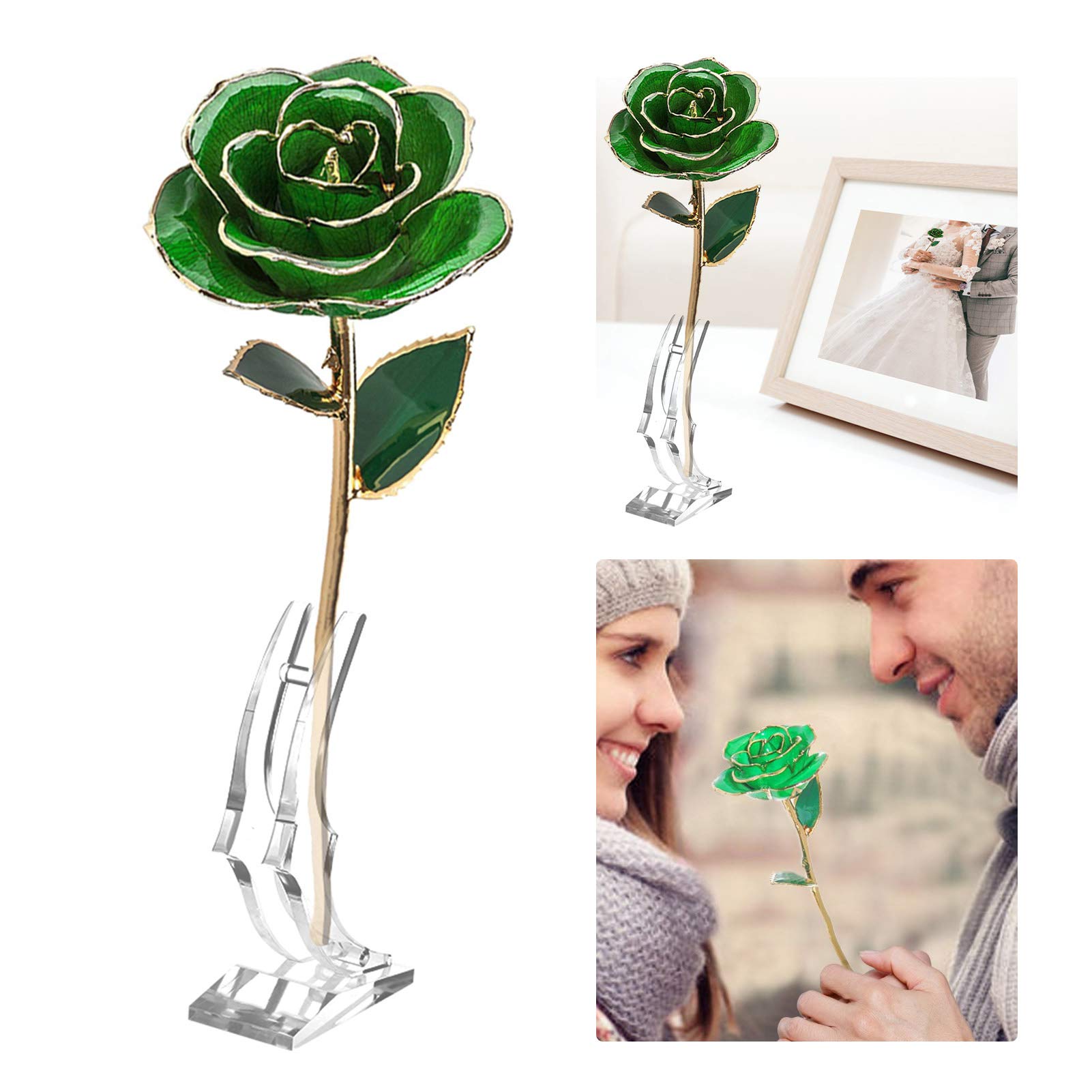 LiebeWH Fiore di Rosa Verde per Sempre Rosa Immersa Placcata in Oro 24k con Decorazioni Artigianali a Foglia e Base