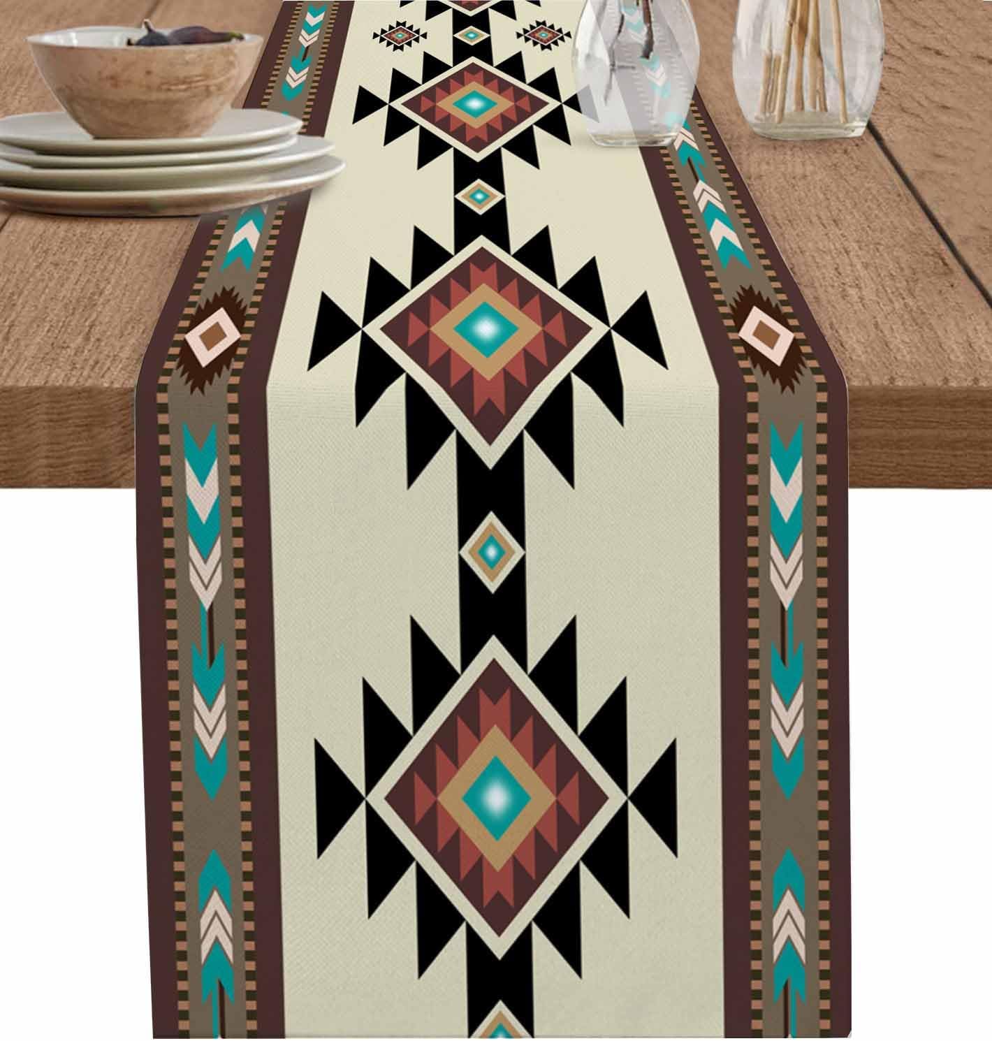 Brown Teal Southwest Table Runner - 120 Inch Long Western Geometric Abstract Ethnic Cotton and Linen Blended Dress Scarves Farmhouse Table Runner for Kitchen Dining, Coffee Table, 13" x 120"