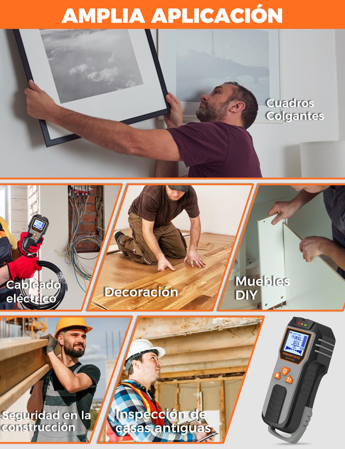 Detector Cables y Tuberias 6 en 1,Profundidad Detección de 20 a 120 mm,Detecta Etales,Tuberías,Tubos de Cobre,Cables,Objetos,Materiales Magnéticos y No Magnéticos,para Profesionales y Bricolaje.
