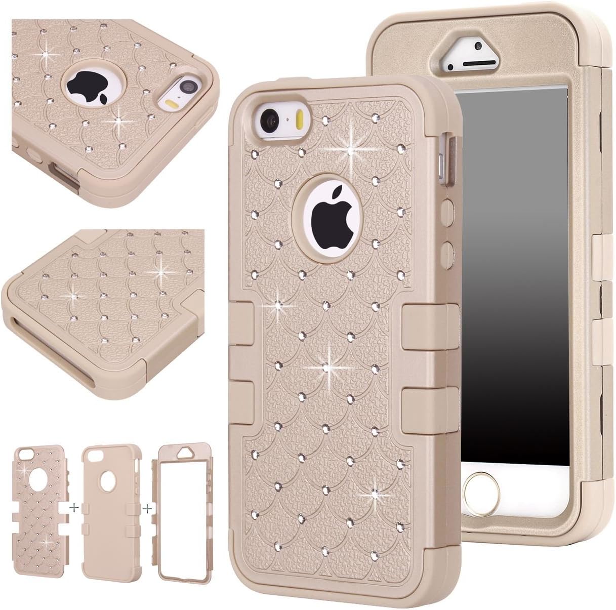 Majesticase Case Compatible with iPhone 5/5S Case - 3 Layers Diamante Bling Crystals Full Body Hybrid Armor Protection Cover + FREE Stylus in Gold