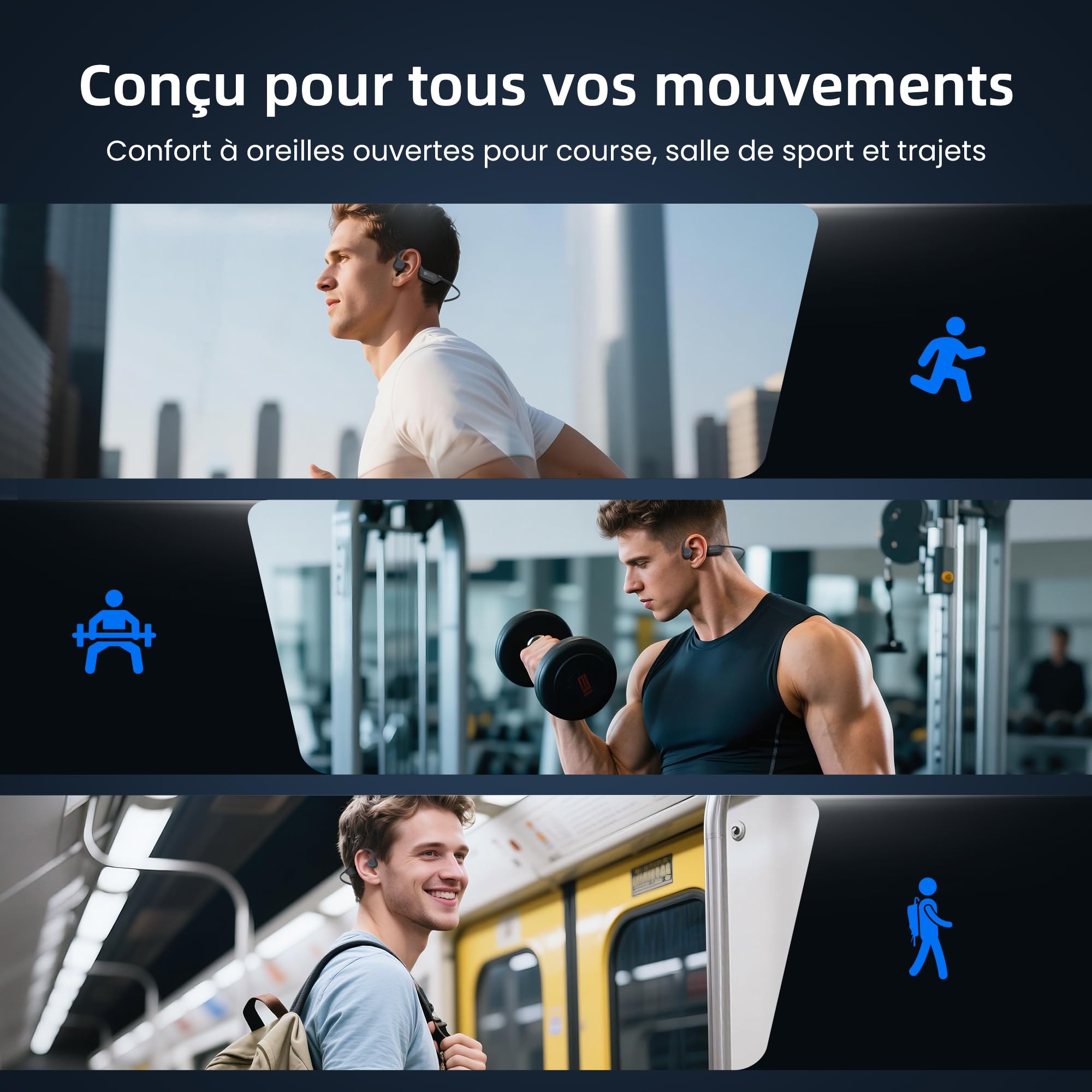HIFI WALKER Casque Conduction Osseuse Bluetooth 6.0, IPX7 Écouteurs à Conduction Osseuse avec Micro, 18h Autonomie Ecouteurs sans Fil Sport pour Course à Pied, Running, Cyclisme, Fintess