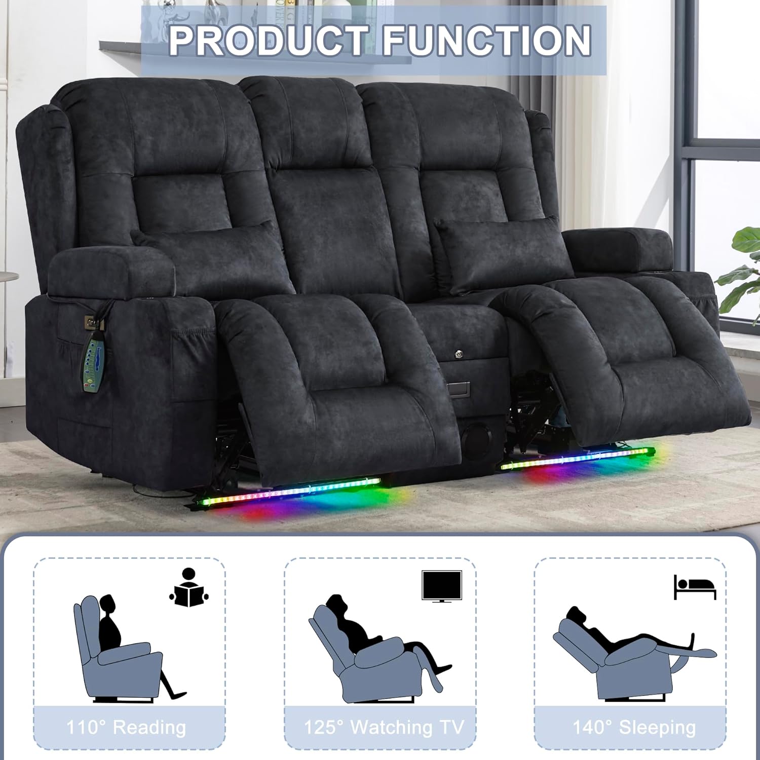 URRED Power Loveseat Recliner Sofa with Massage and Heat, Wall Hugger Reclining Loveseat with Console, RV Couch Home Theater Seating with LED Lights for Living Room (Dark Grey, 67" - 2 Seats) | Zero Gravity Recline, Full-Body Vibration, Lumbar Heating, USB Charging Ports, Cup Holders, Storage