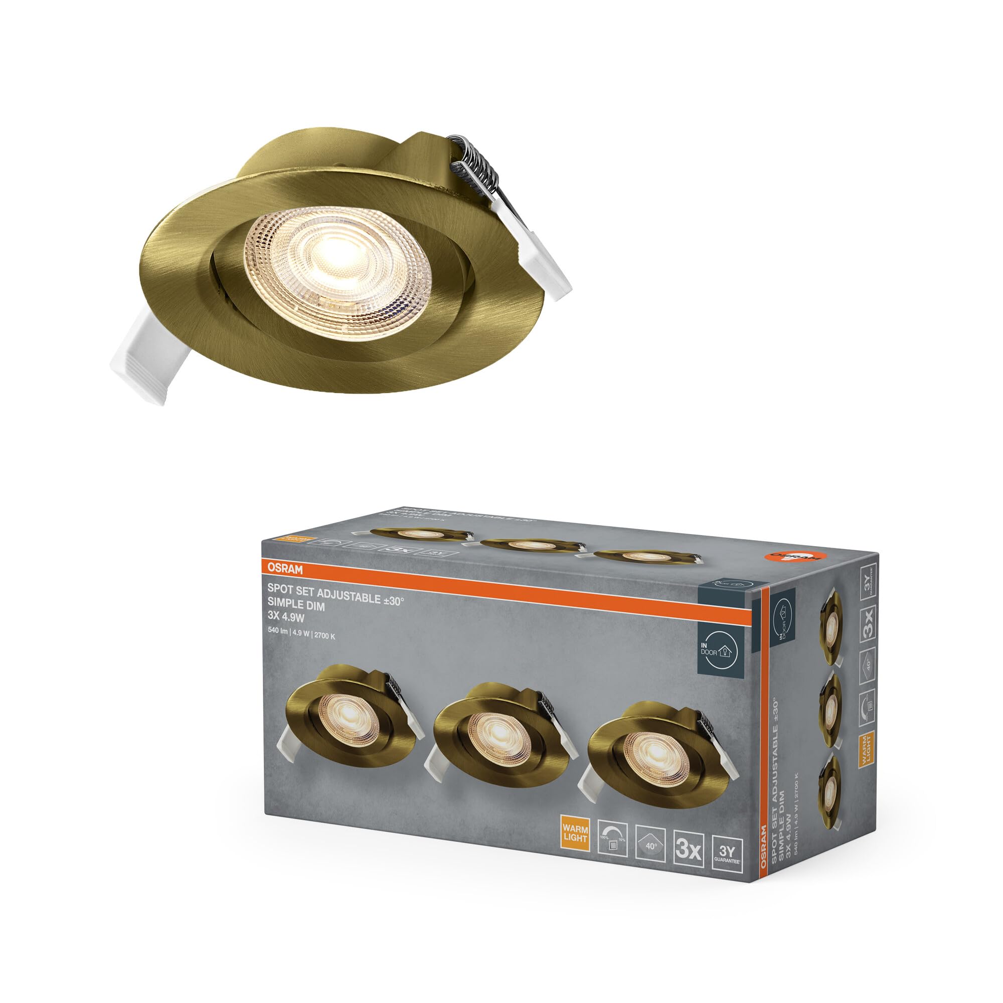 Osram Spot Set Spot LED encastrable Simple DIM, 4,9 W 827 laiton, lot de 3 interrupteurs muraux dimmables, blanc chaud 2700 K