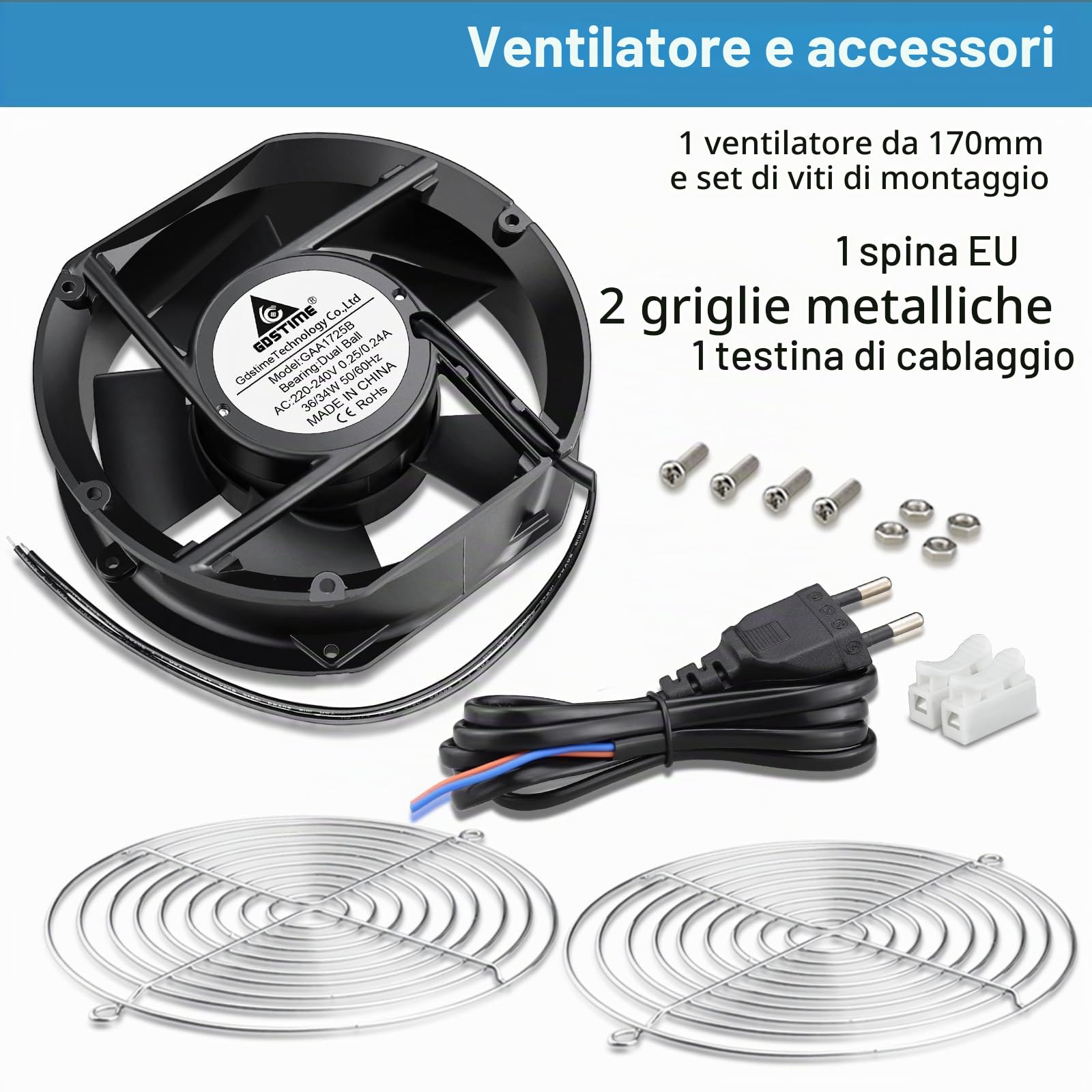 GDSTIME Ventola assiale da 230 V, 172 mm x 150 mm x 51 mm, 220 V AC, doppio cuscinetto a sfera, grande flusso d'aria per PC, computer, laptop, raffreddamento