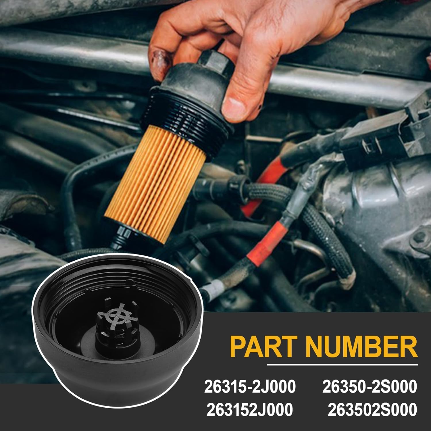 Oil Filter Housing Cover Cap Assembly w/ 3Pcs Oil Filters Compatible with 2021-2023 Santa Cruz Sonata Tucson Kia K5 Sorento Sportage L4 2.5L Part Number 263152J000 263502S000