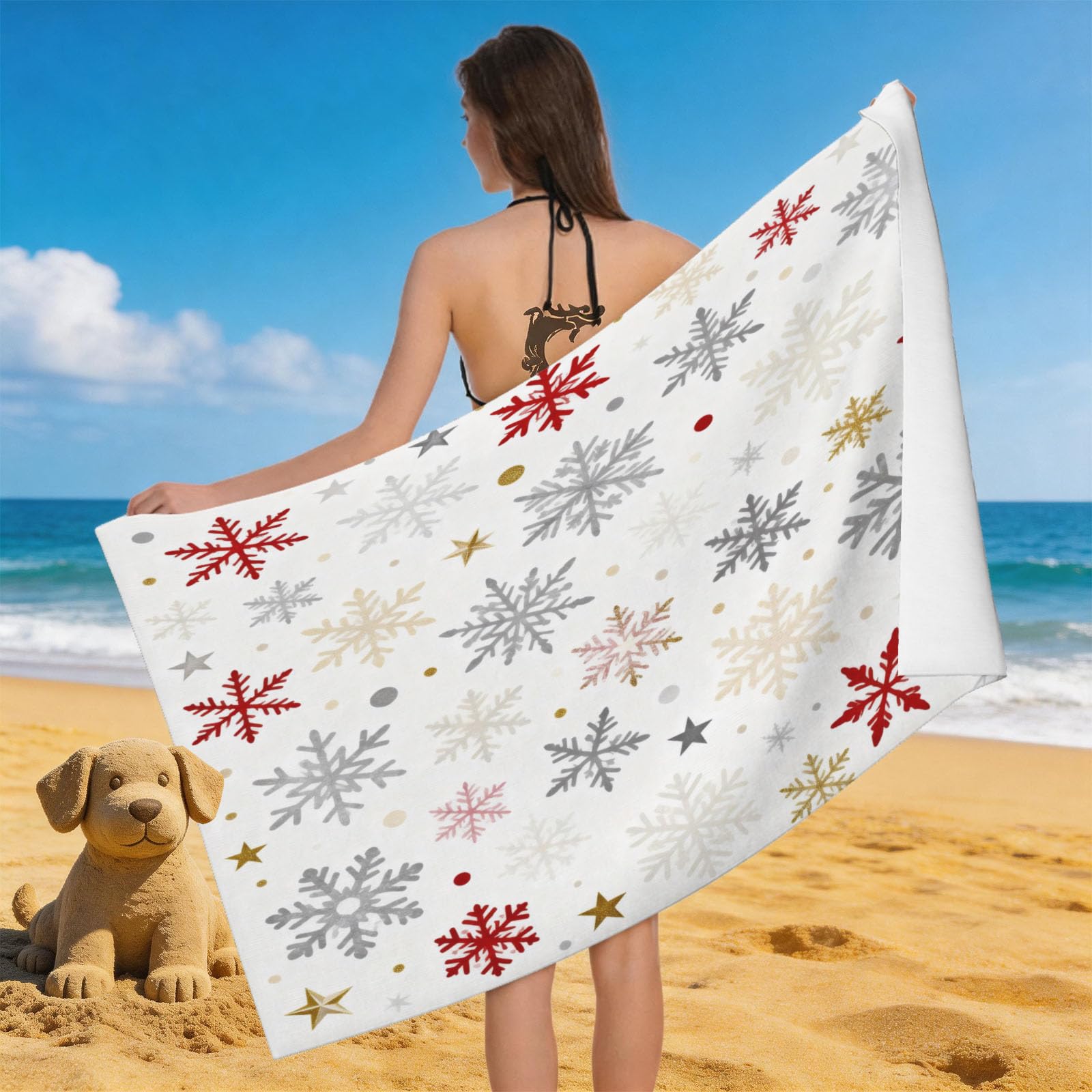 Leichong 3D Snowflake Print Beach Towel Large Microfiber Soft Quick Dry for Adults, Christmas Bath Towel Lightweight Soft Absorbent for Travel Swimming Pool Sports, 80 x 160 cm