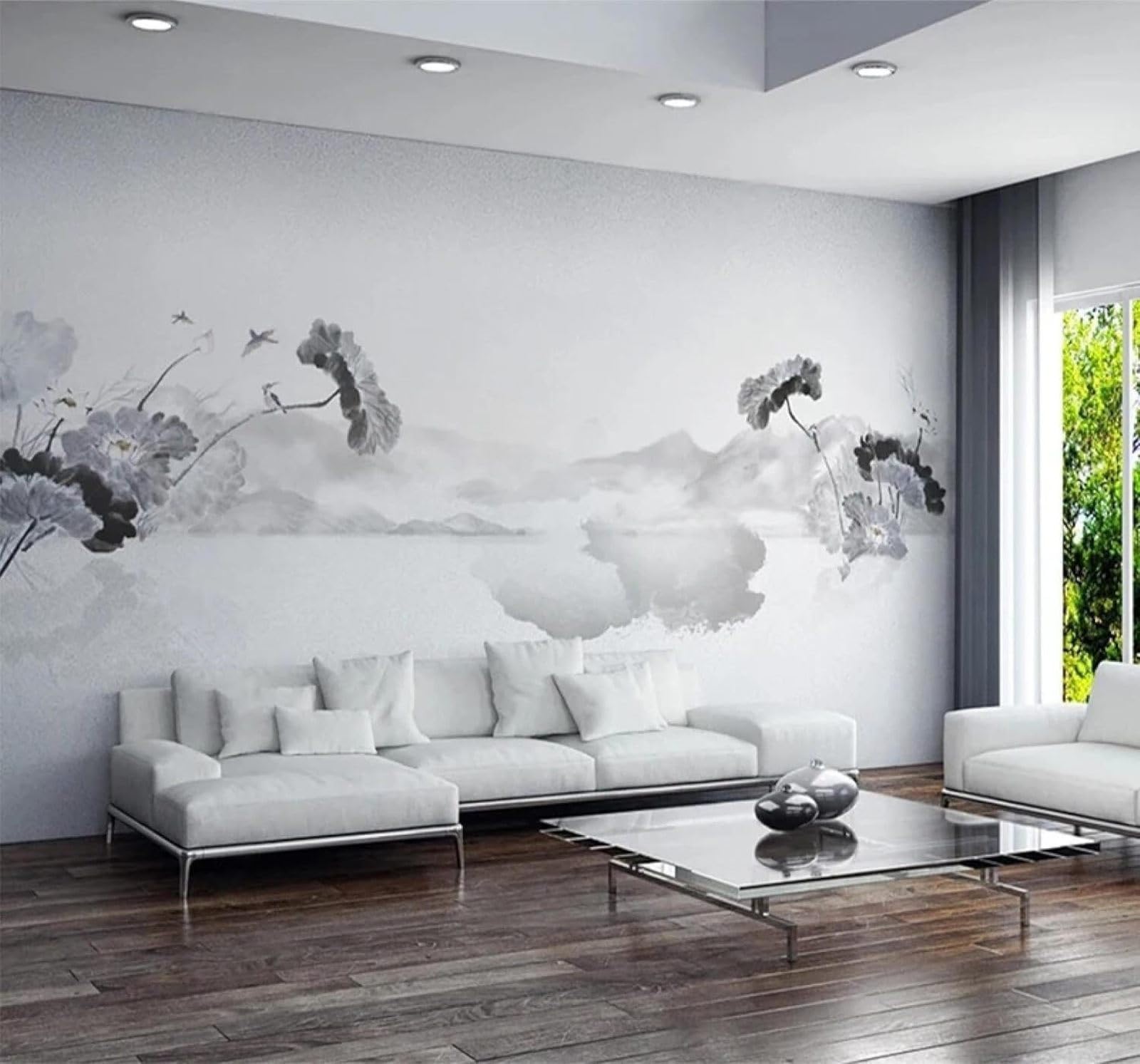 XLMING Abstract Black and White Ink Wash Lotus Art 3D Wallpaper Silky Texture Home Study Office Grey Dining Room Sofa Bedroom Living Room TV Backdrop-250cm×170cm