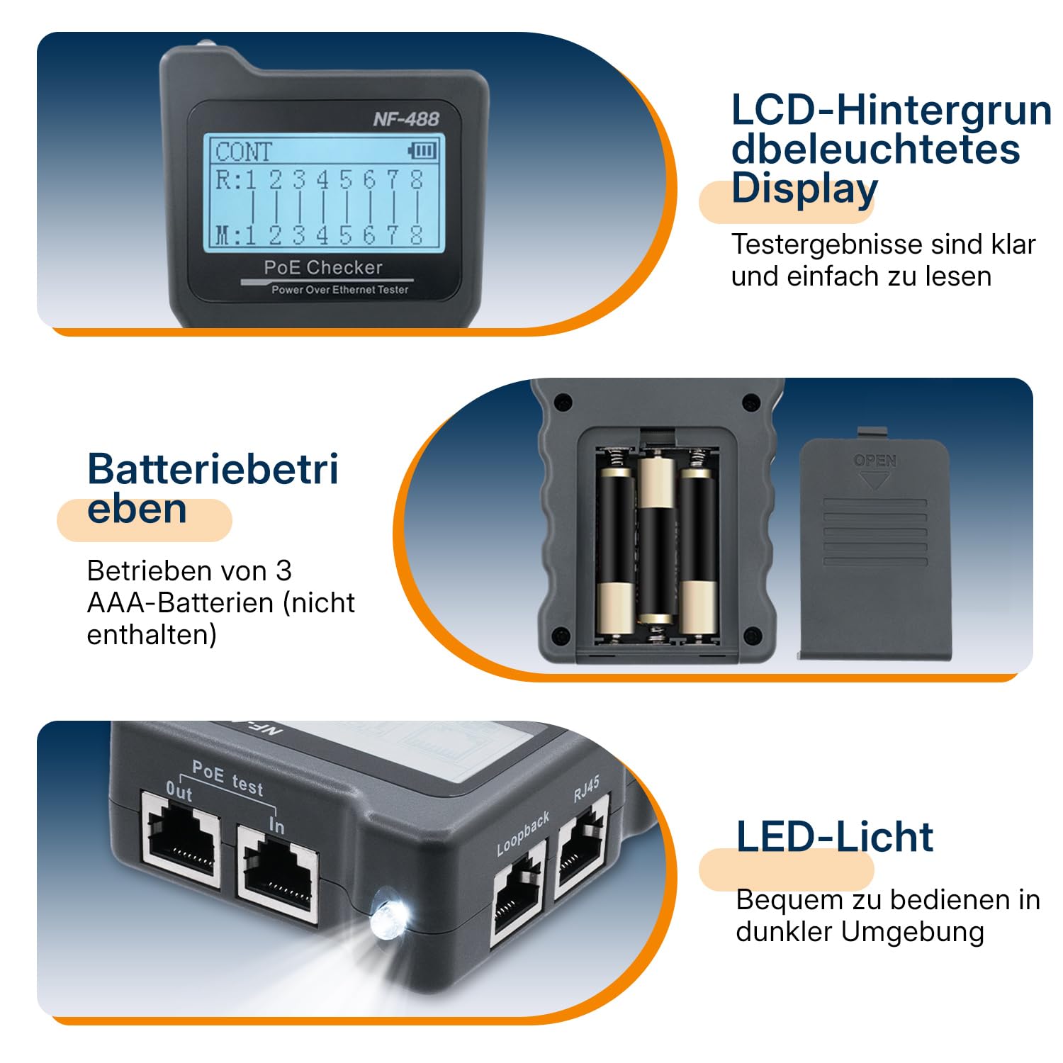 Mcbazel Netzwerk RJ45 Tester mit LCD Display, Netzwerk Kabeltester mit POE-Funktion