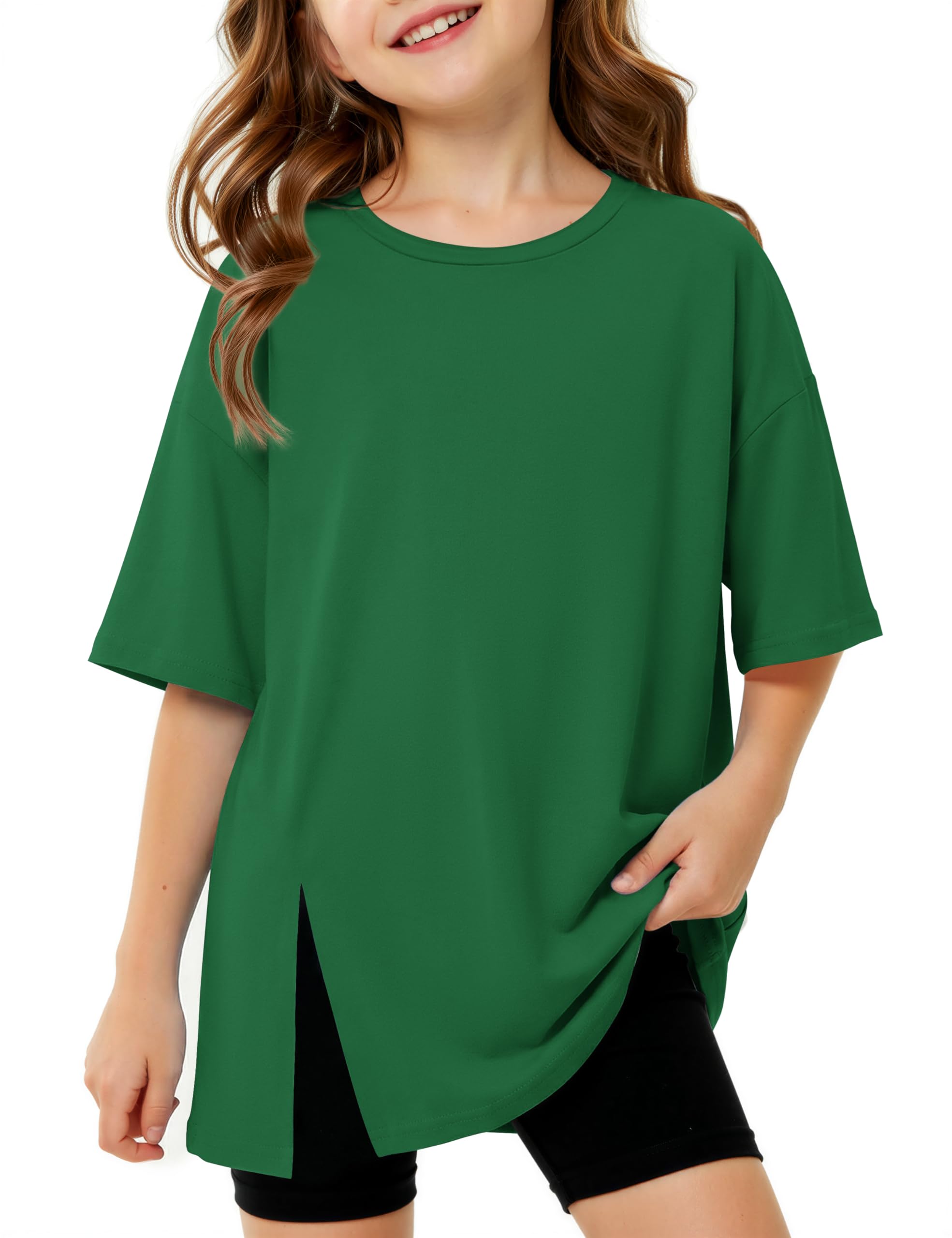 – Girls' T-Shirt Short Sleeve Crew Neck Plain Kids Casual Sports Tee Soft Stretchy Oversized Top Summer Basic School T Shirts Slit Hem, 5-12 Years