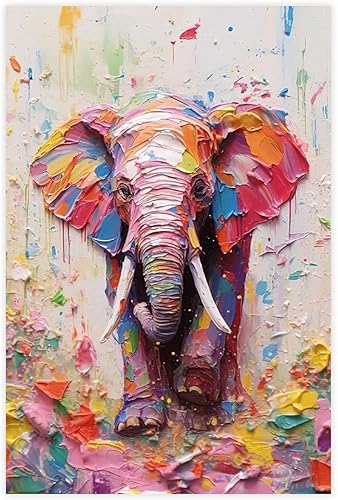 Fyzuf Arte de pared de elefante - Pintura al óleo sobre lienzo, estilo cubismo, elefante colorido, estético, 12 x 18 pulgadas (11.8 x 17.7 in), sin
