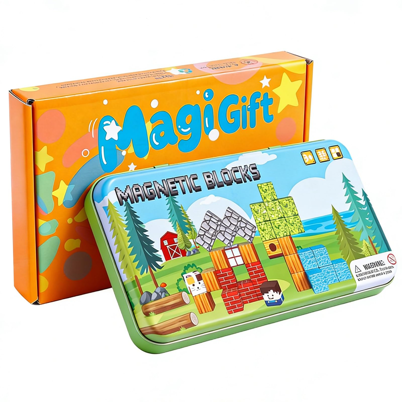 MEESHEEP Magnetic Blocks Travel Set, Forest-Themed with Tin - Travel-Friendly Airplane & Car Toys for Boys & Girls Ages 3+, Educational Building Set 35PCS, Birthday Gifts for Kids