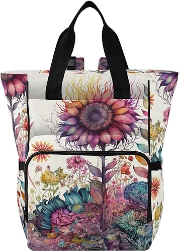 Mochila para pañales (pintura de girasol), bolsa de pañales de gran capacidad con correas para cochecito, insertos de biberón aislados, para