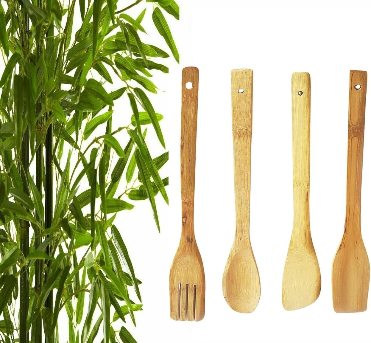 Olrada Bamboo Natural Wooden Kitchen Spoon, Spatula & Fish Slice Slotted Turner Utensil Accessories Wood Cooking Tools for Non Stick Pan or Wok Kitchen Starter Utensils (Set of 4 Pcs)